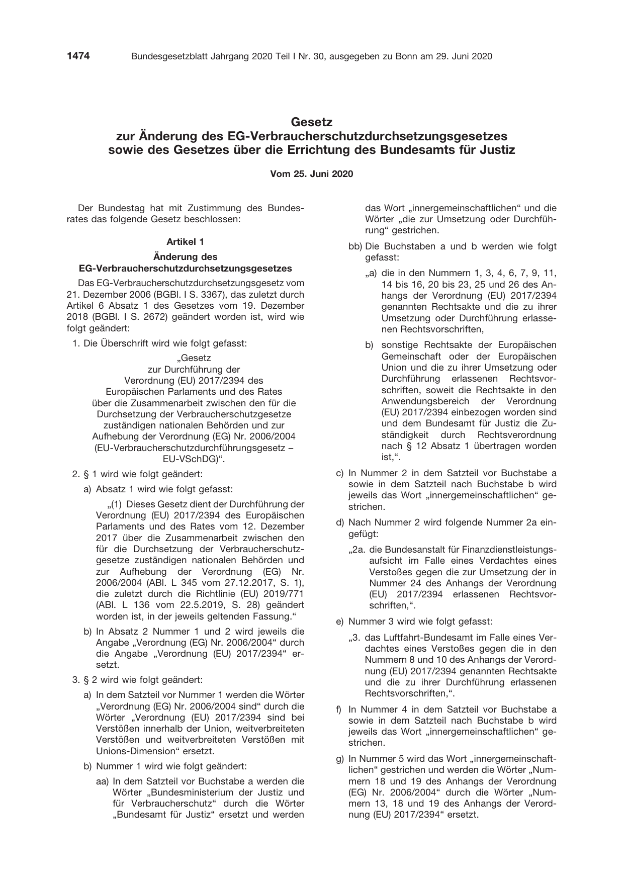 BGBl. 2020, Seite 1474 — Originalseite als Abbildung