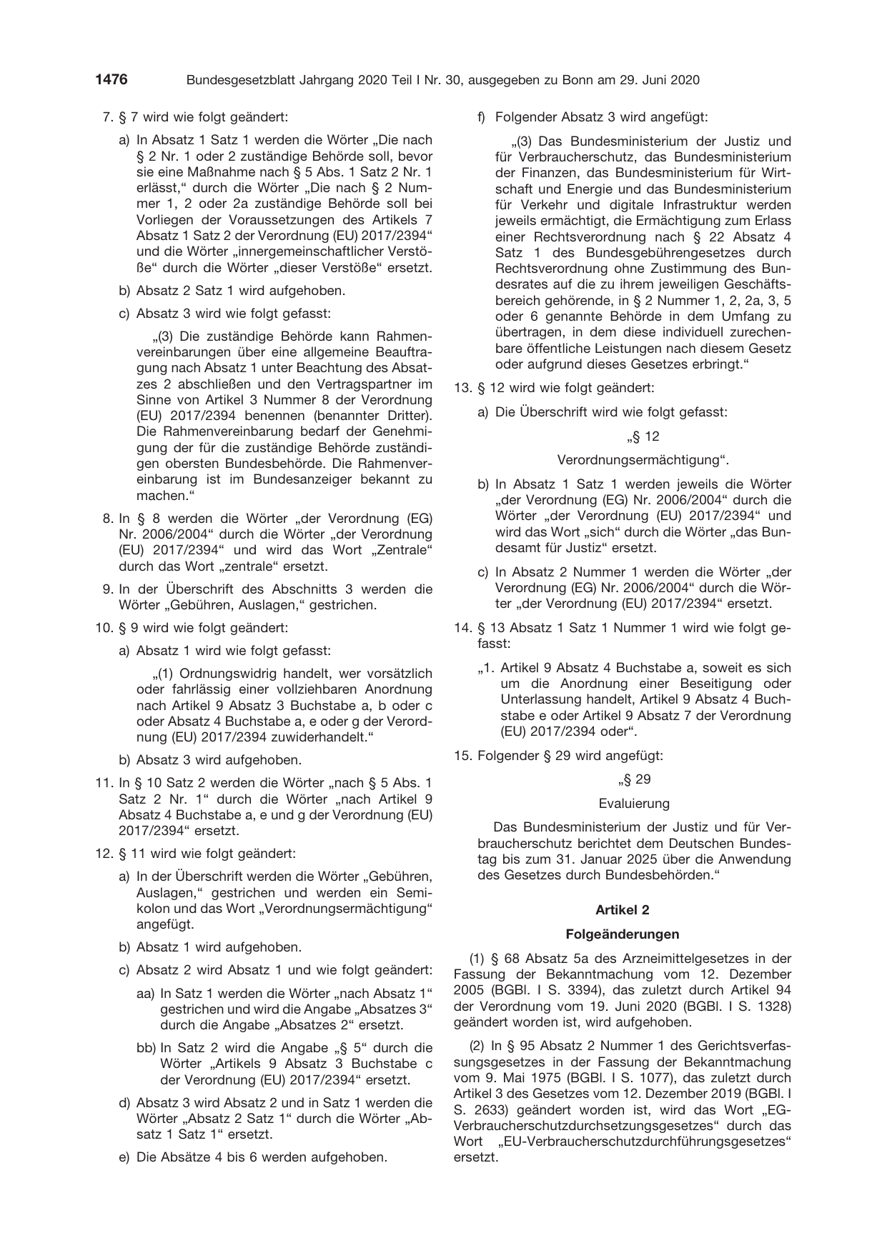 BGBl. 2020, Seite 1476 — Originalseite als Abbildung