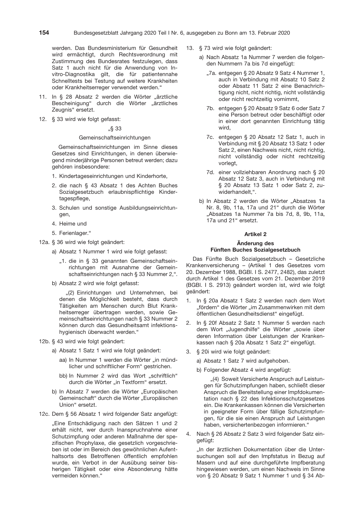 BGBl. 2020, Seite 154 — Originalseite als Abbildung