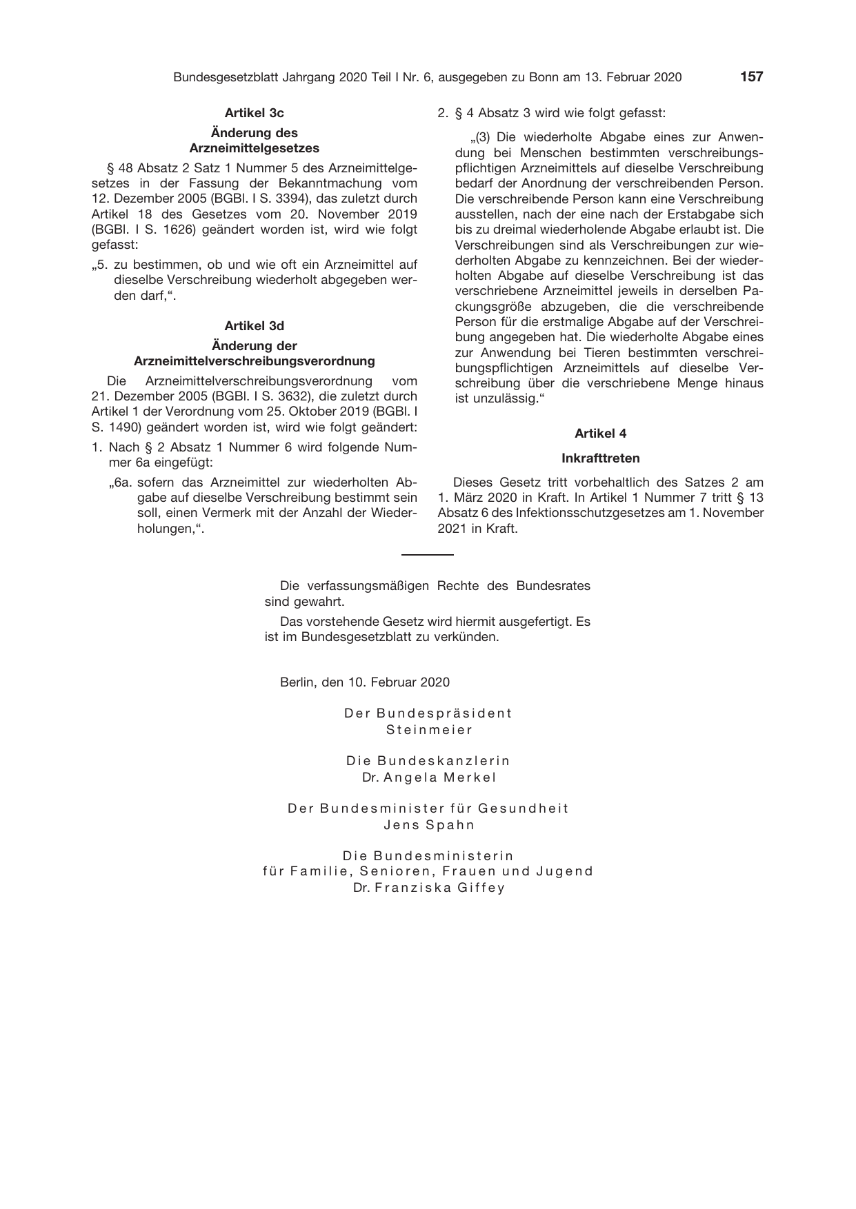 BGBl. 2020, Seite 157 — Originalseite als Abbildung