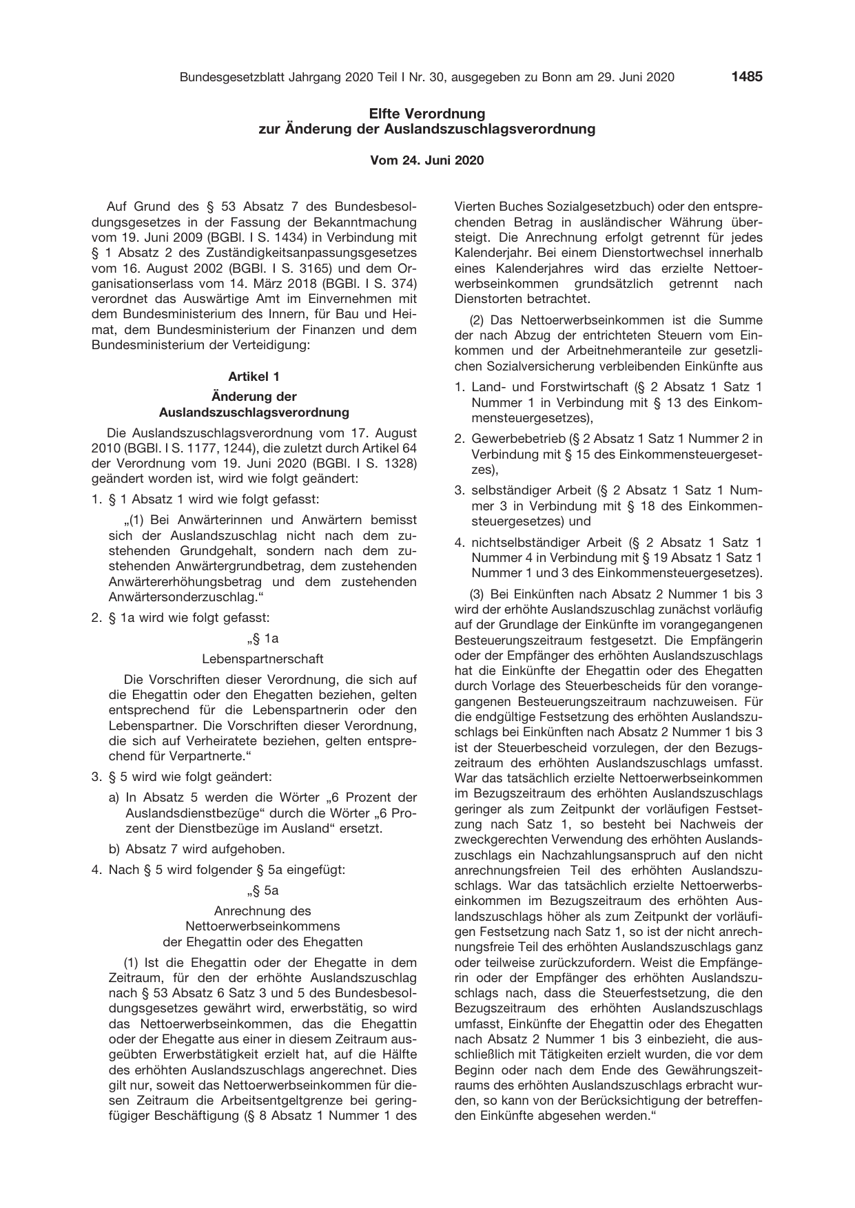 BGBl. 2020, Seite 1485 — Originalseite als Abbildung