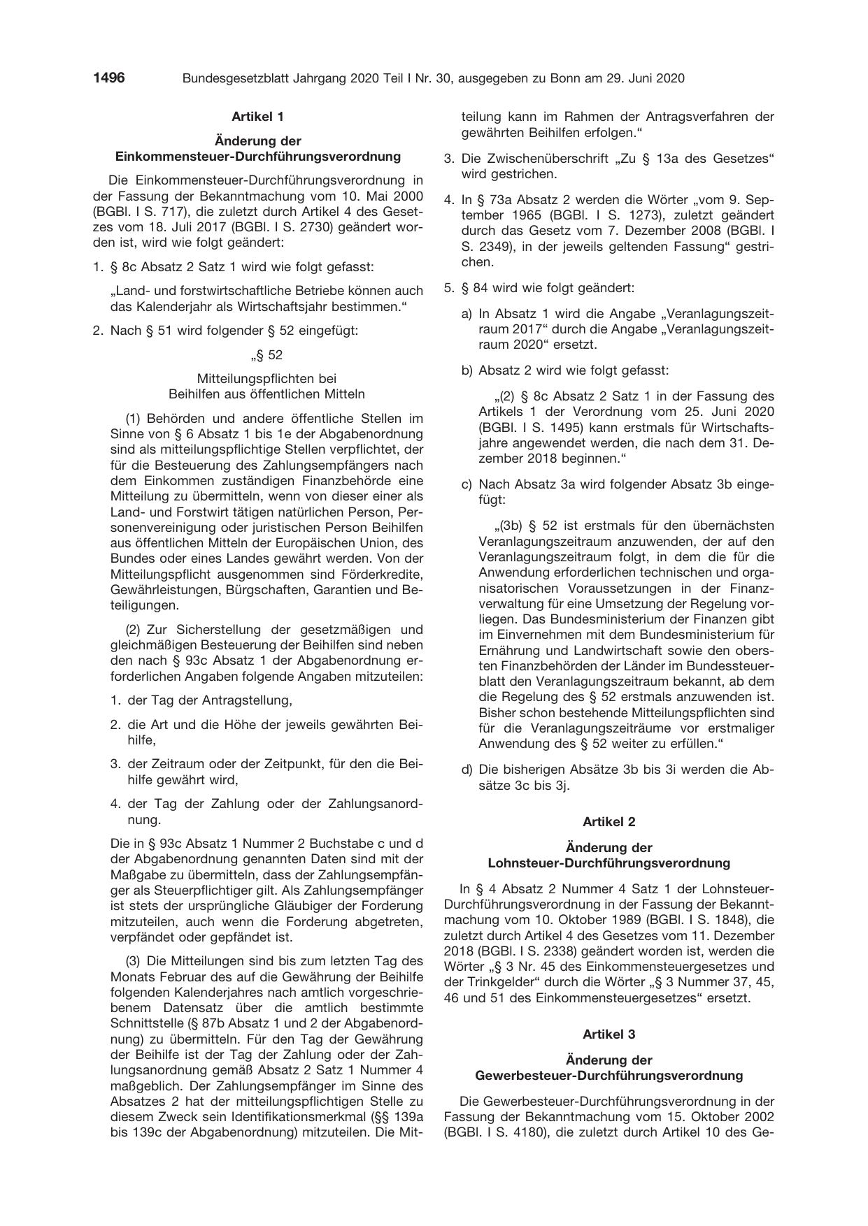 BGBl. 2020, Seite 1496 — Originalseite als Abbildung