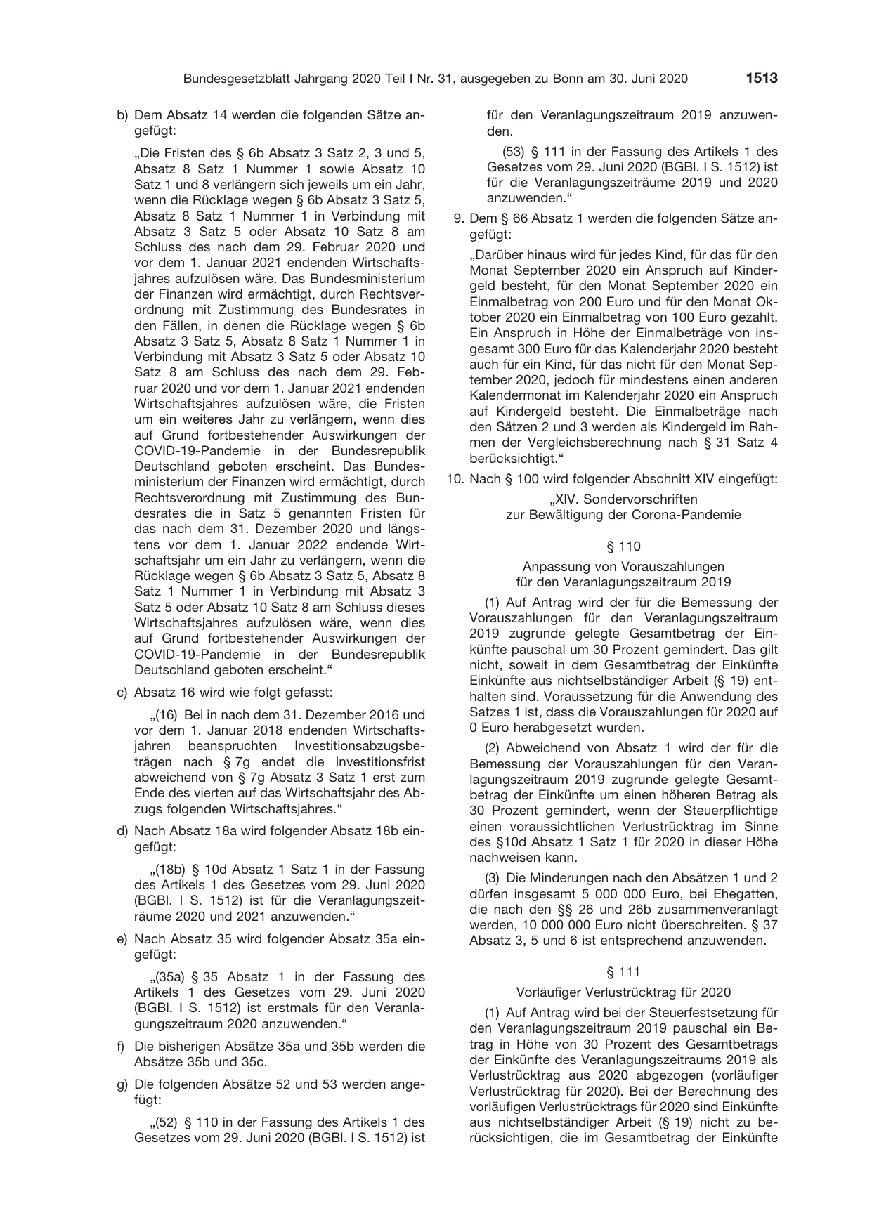 BGBl. 2020, Seite 1513 — Originalseite als Abbildung