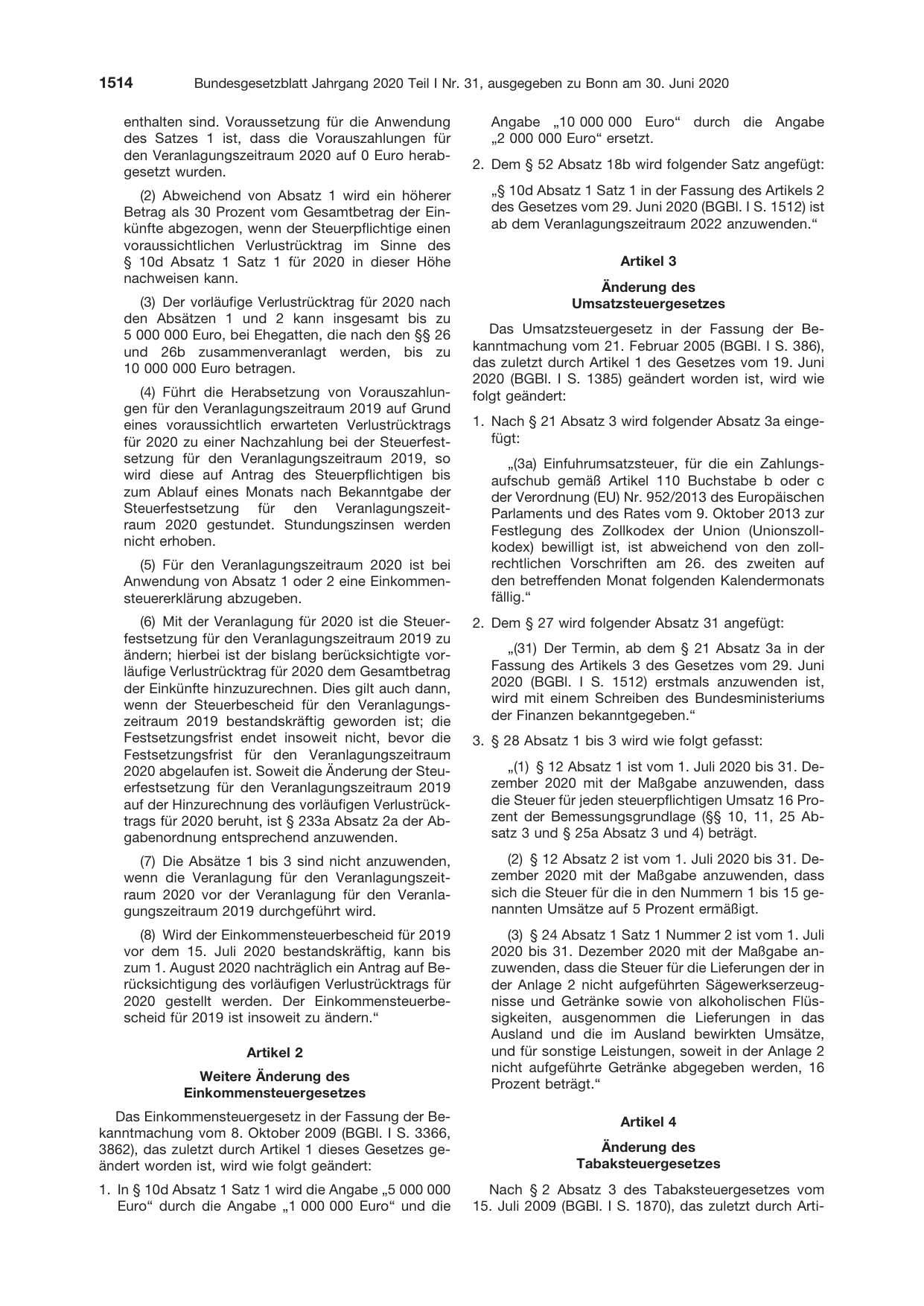 BGBl. 2020, Seite 1514 — Originalseite als Abbildung