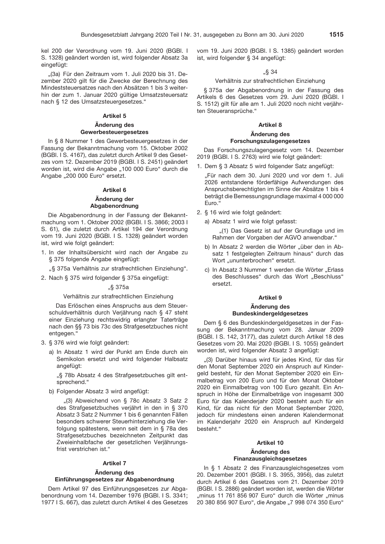 BGBl. 2020, Seite 1515 — Originalseite als Abbildung