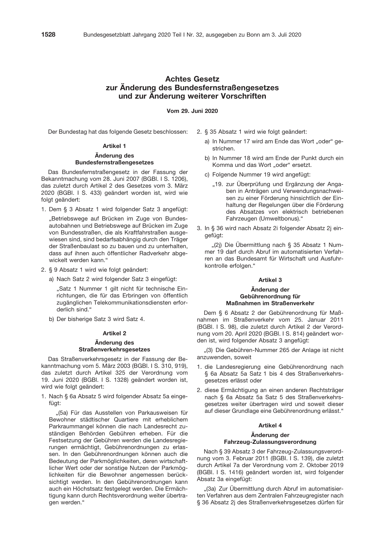 BGBl. 2020, Seite 1528 — Originalseite als Abbildung