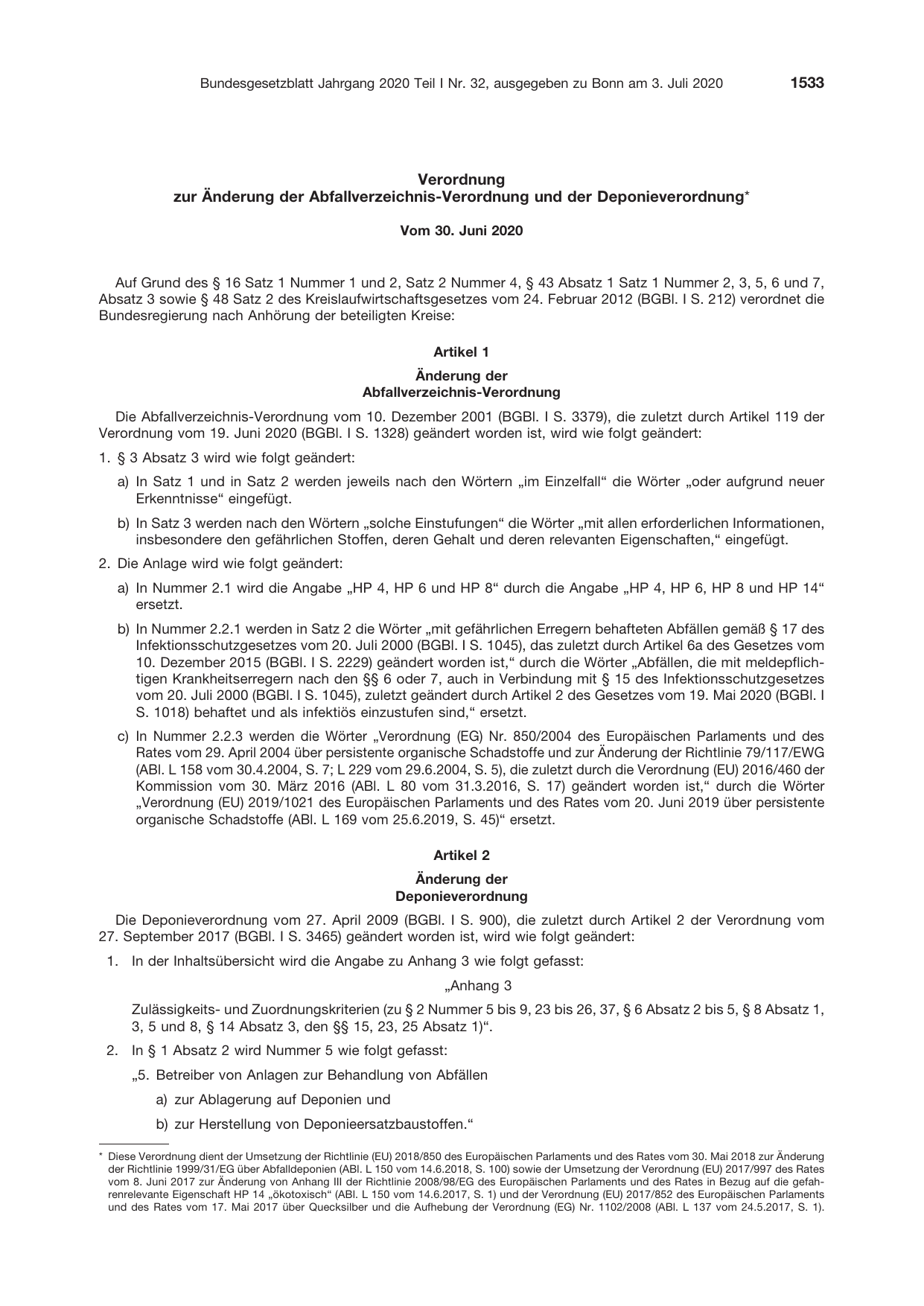 BGBl. 2020, Seite 1533 — Originalseite als Abbildung