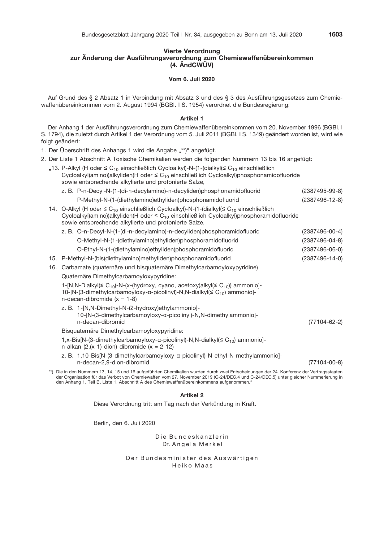 BGBl. 2020, Seite 1603 — Originalseite als Abbildung