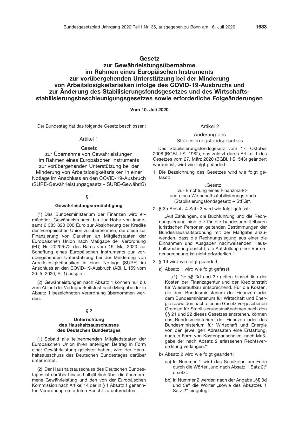BGBl. 2020, Seite 1633 — Originalseite als Abbildung