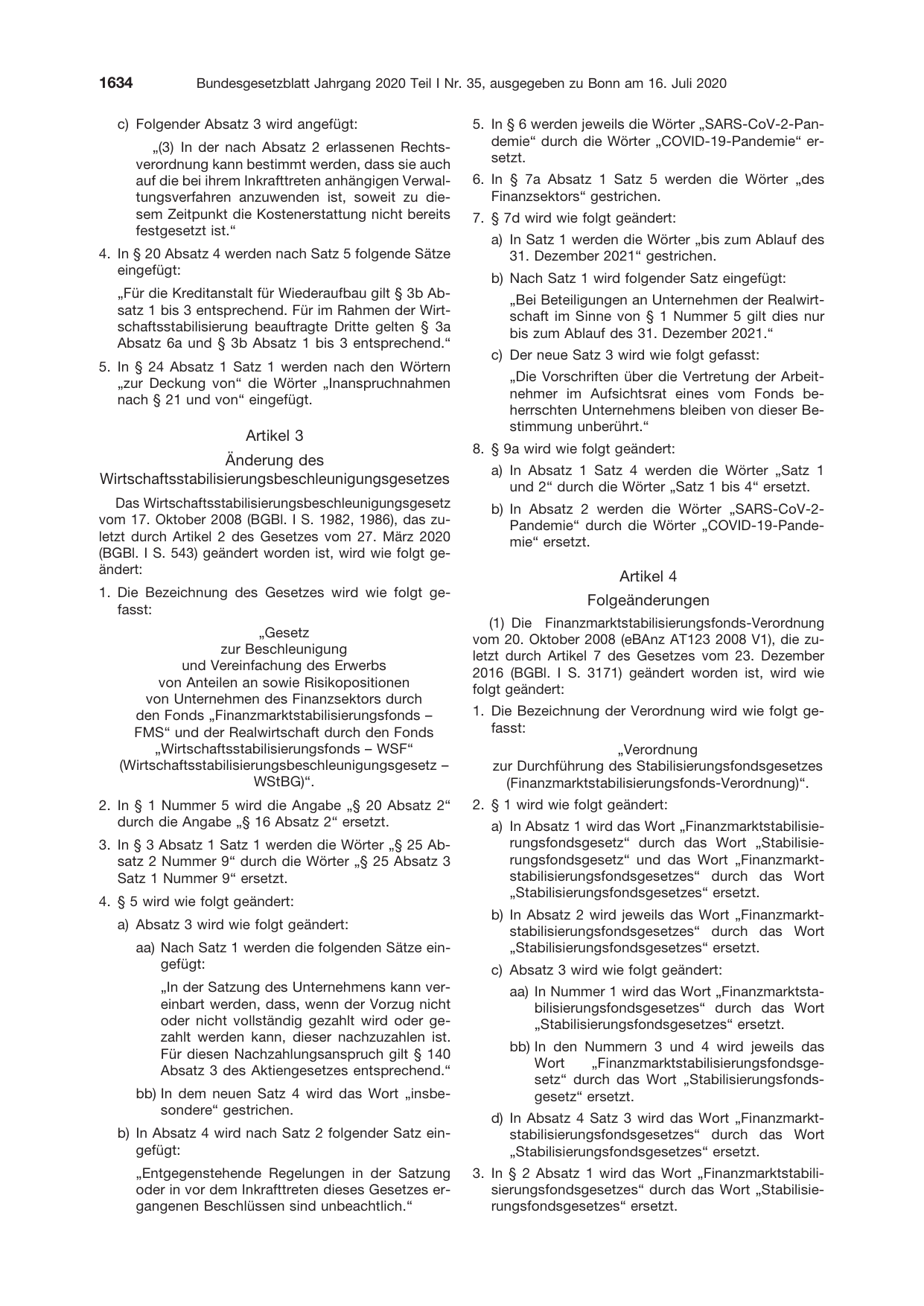 BGBl. 2020, Seite 1634 — Originalseite als Abbildung