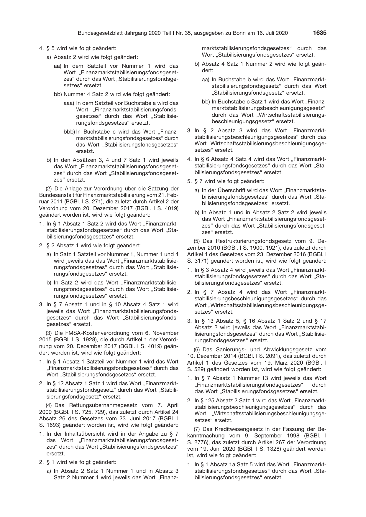 BGBl. 2020, Seite 1635 — Originalseite als Abbildung