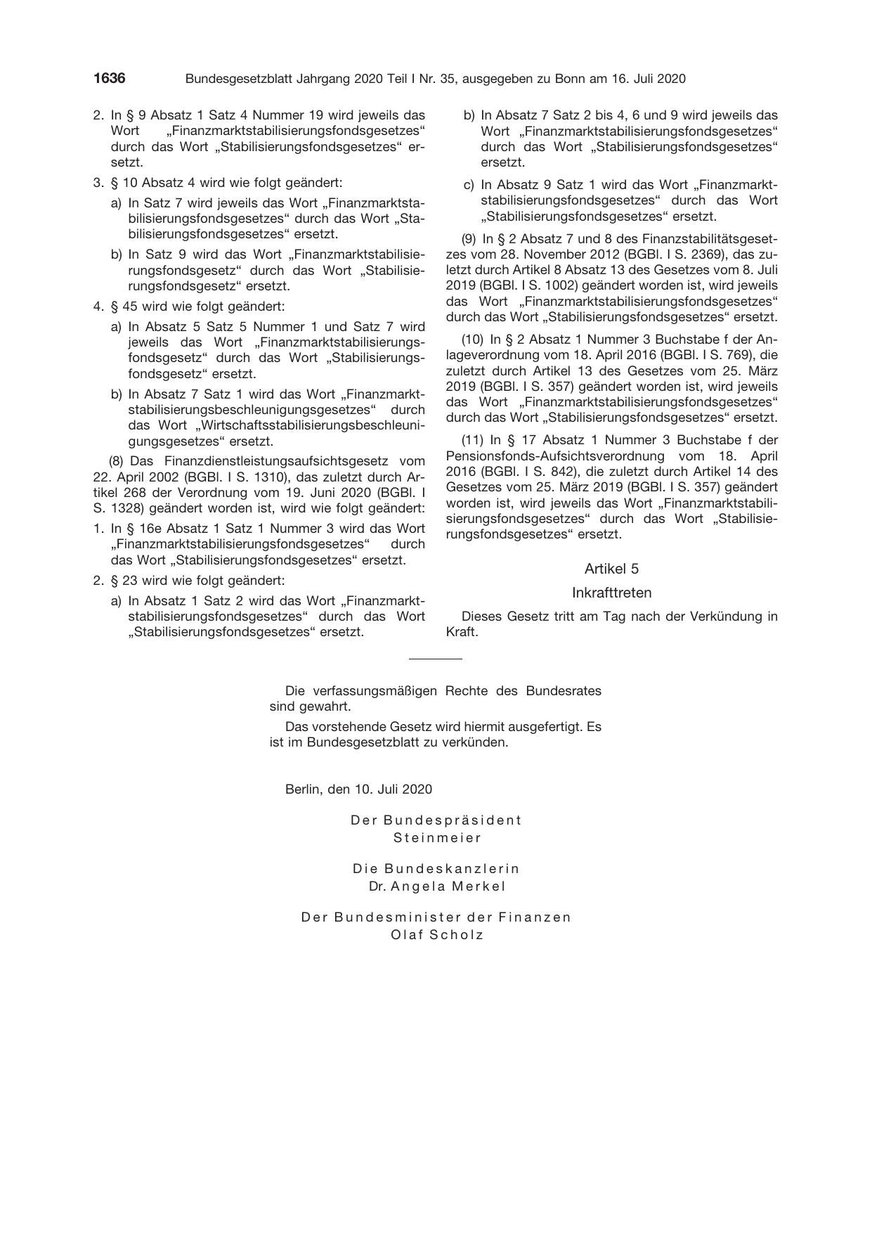BGBl. 2020, Seite 1636 — Originalseite als Abbildung