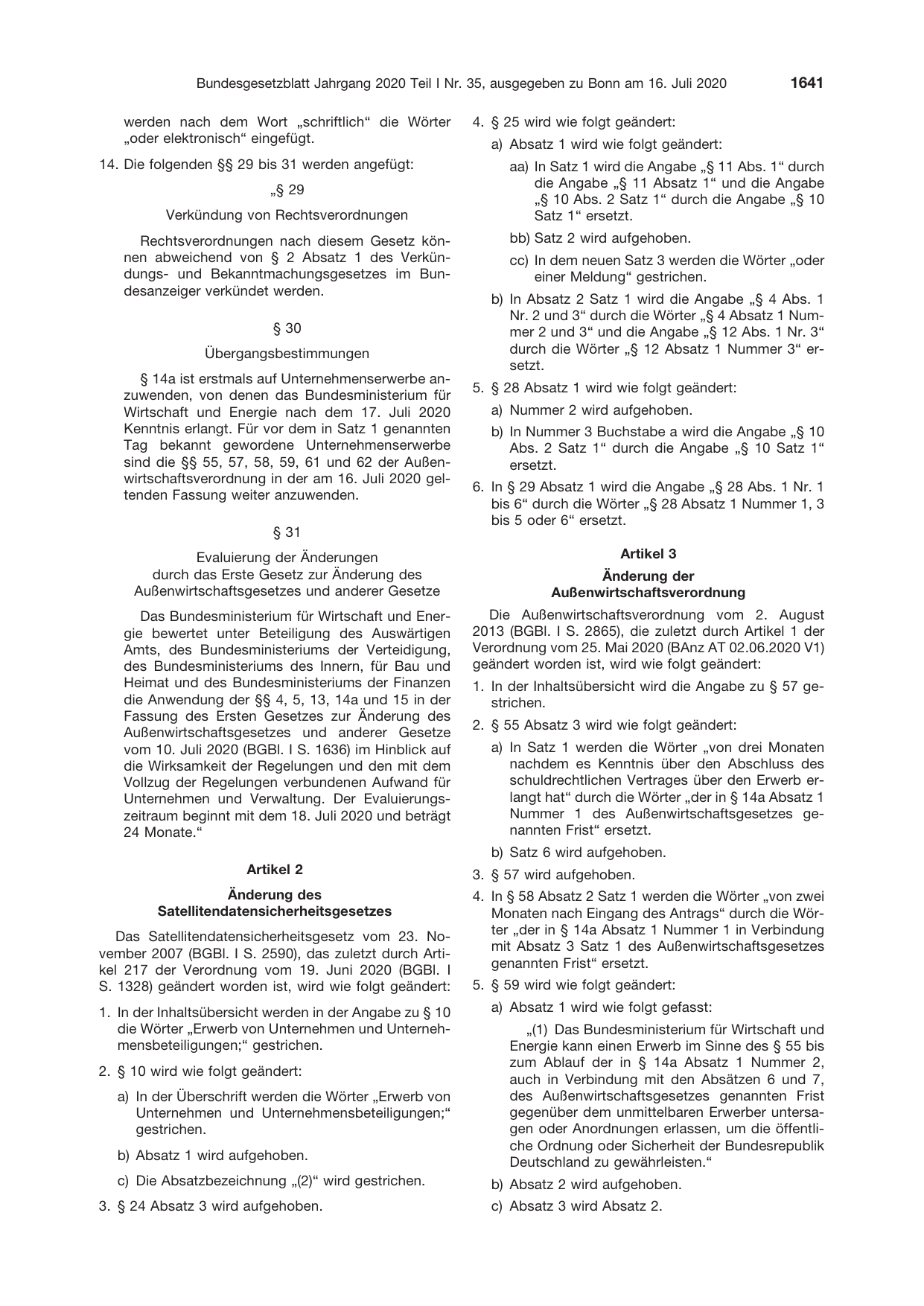 BGBl. 2020, Seite 1641 — Originalseite als Abbildung