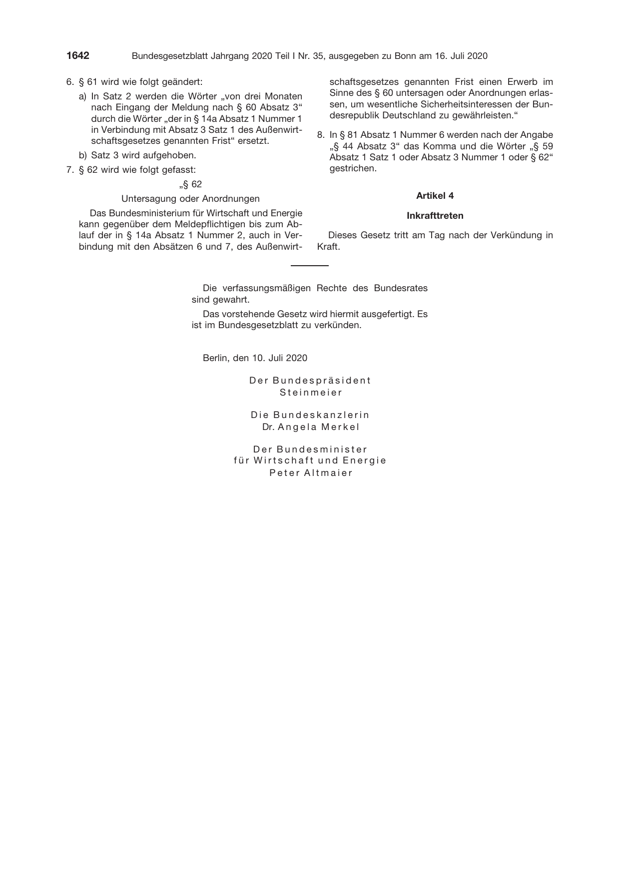 BGBl. 2020, Seite 1642 — Originalseite als Abbildung