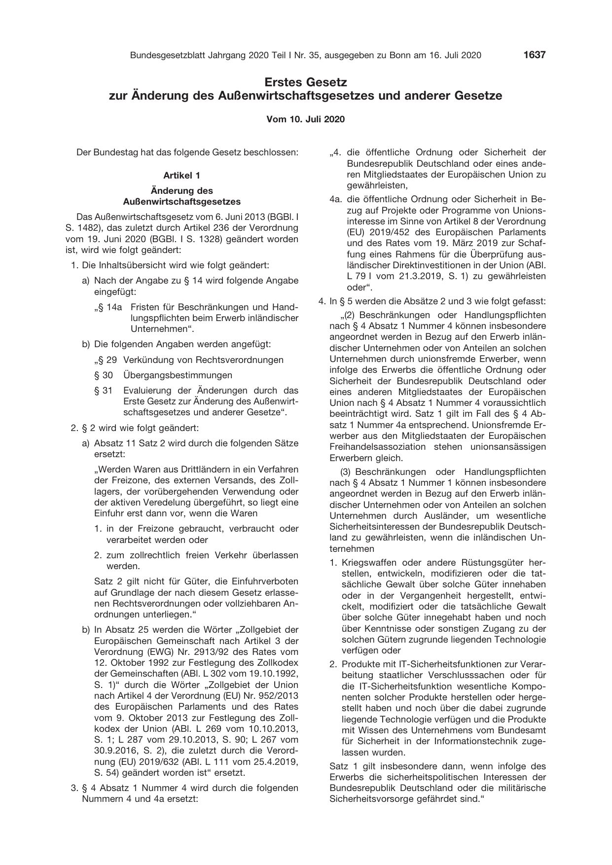BGBl. 2020, Seite 1637 — Originalseite als Abbildung