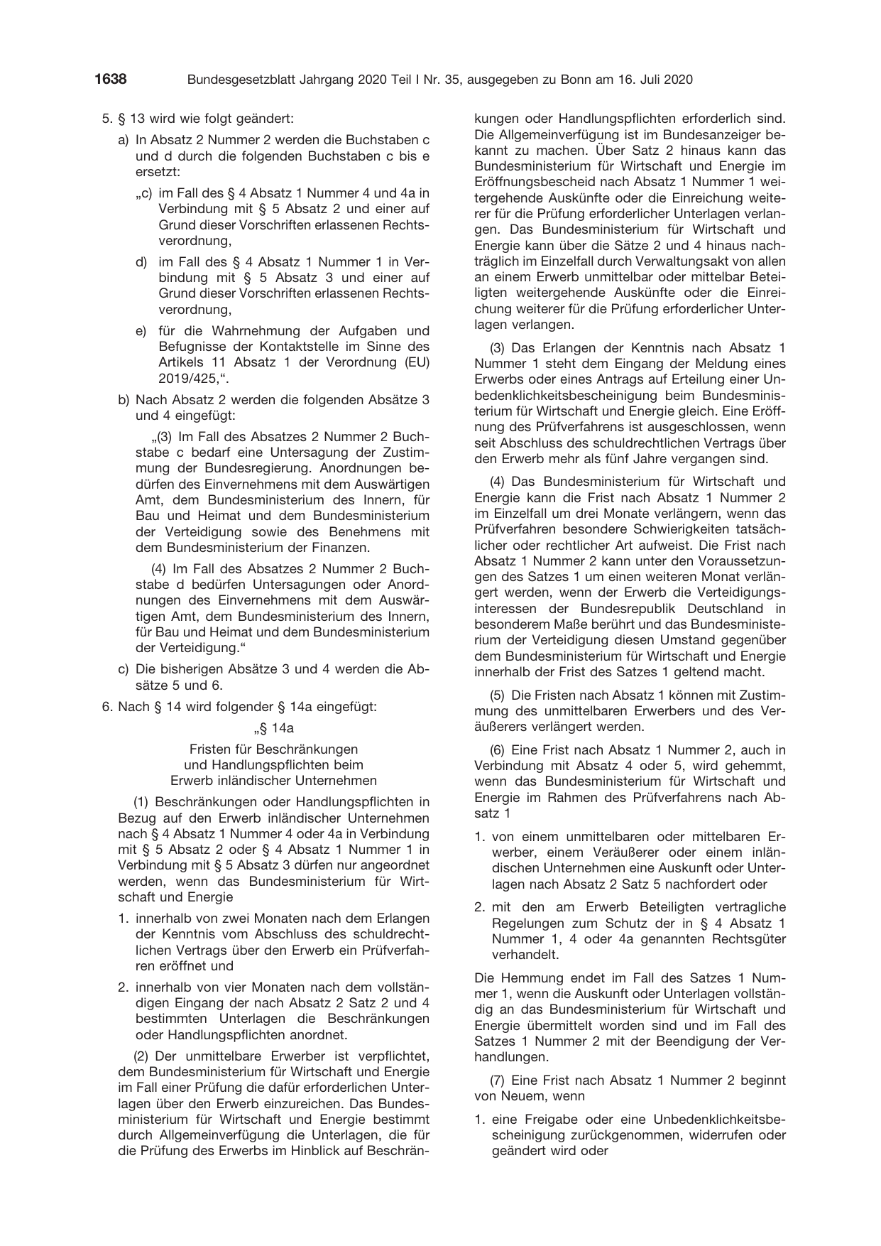 BGBl. 2020, Seite 1638 — Originalseite als Abbildung