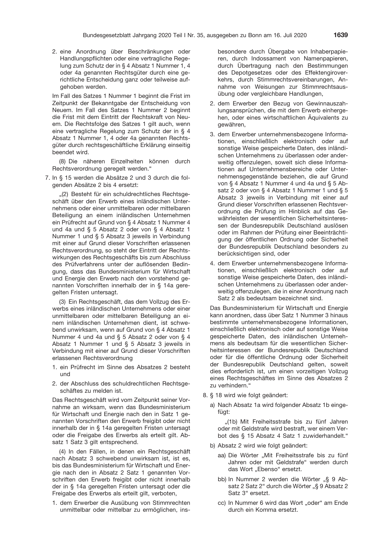 BGBl. 2020, Seite 1639 — Originalseite als Abbildung