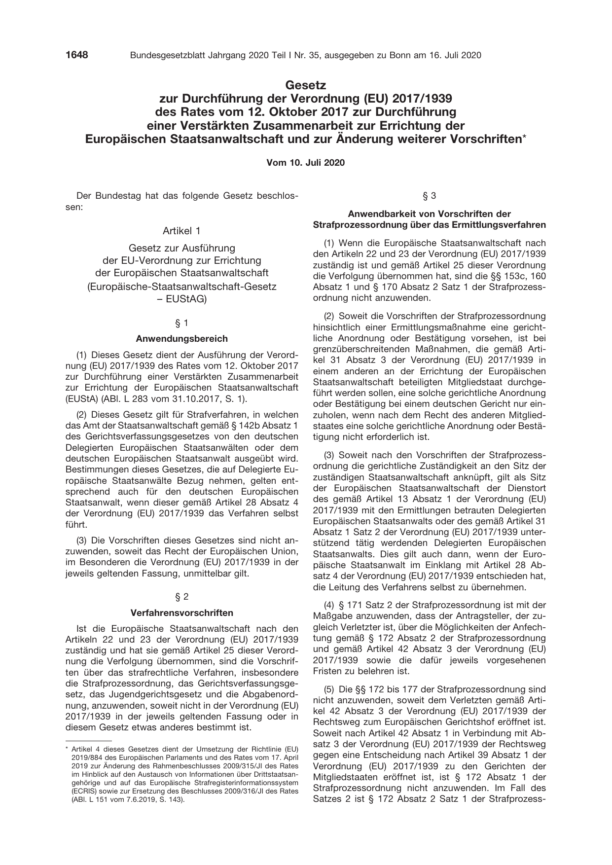 BGBl. 2020, Seite 1648 — Originalseite als Abbildung