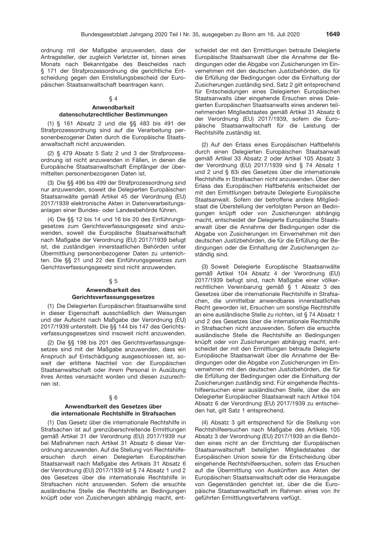 BGBl. 2020, Seite 1649 — Originalseite als Abbildung
