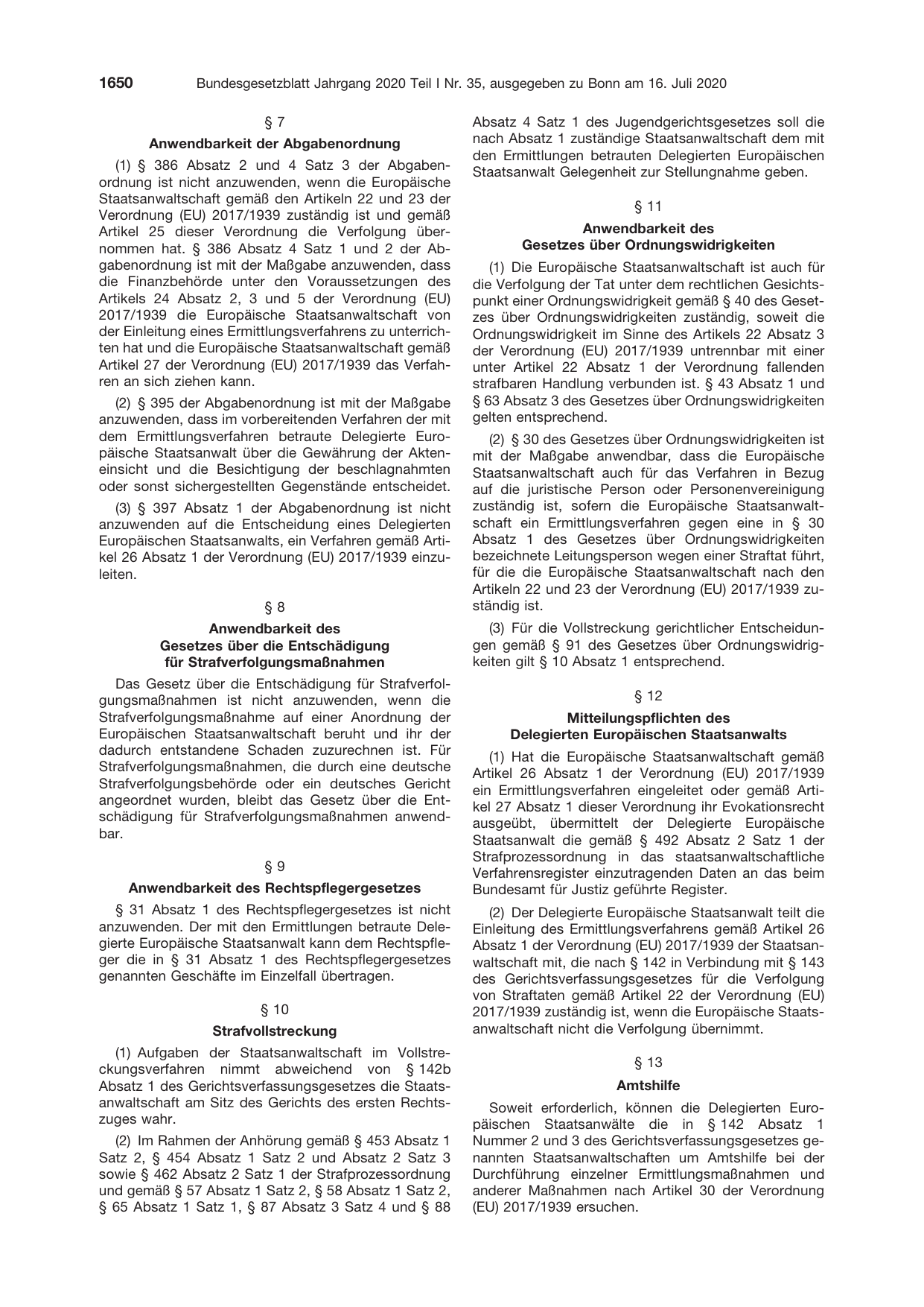 BGBl. 2020, Seite 1650 — Originalseite als Abbildung