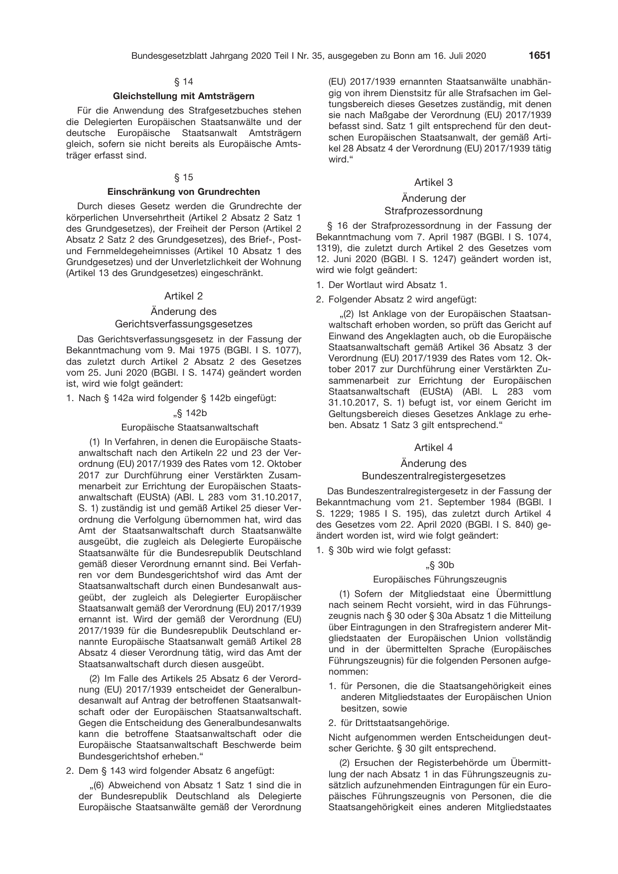 BGBl. 2020, Seite 1651 — Originalseite als Abbildung