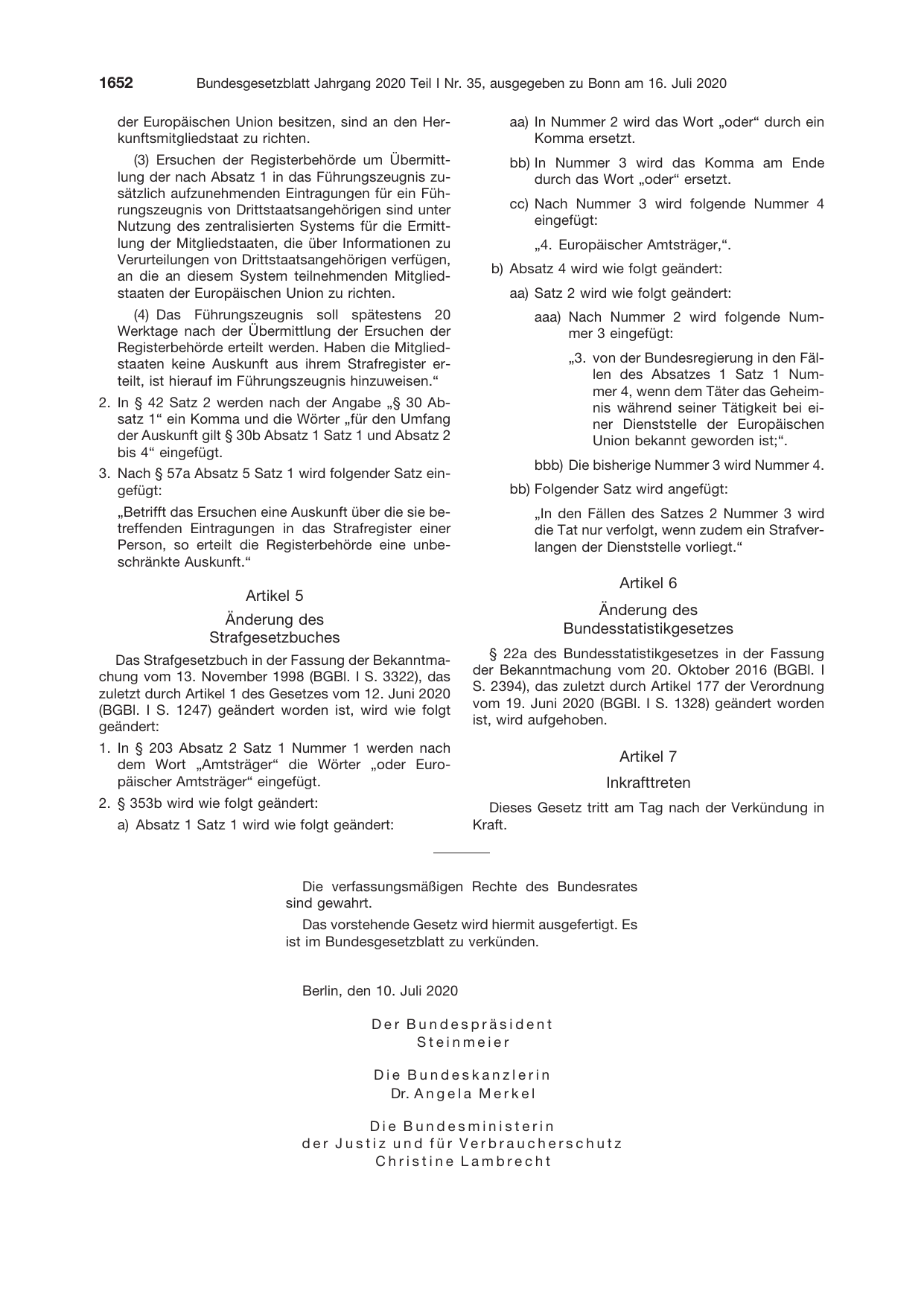 BGBl. 2020, Seite 1652 — Originalseite als Abbildung