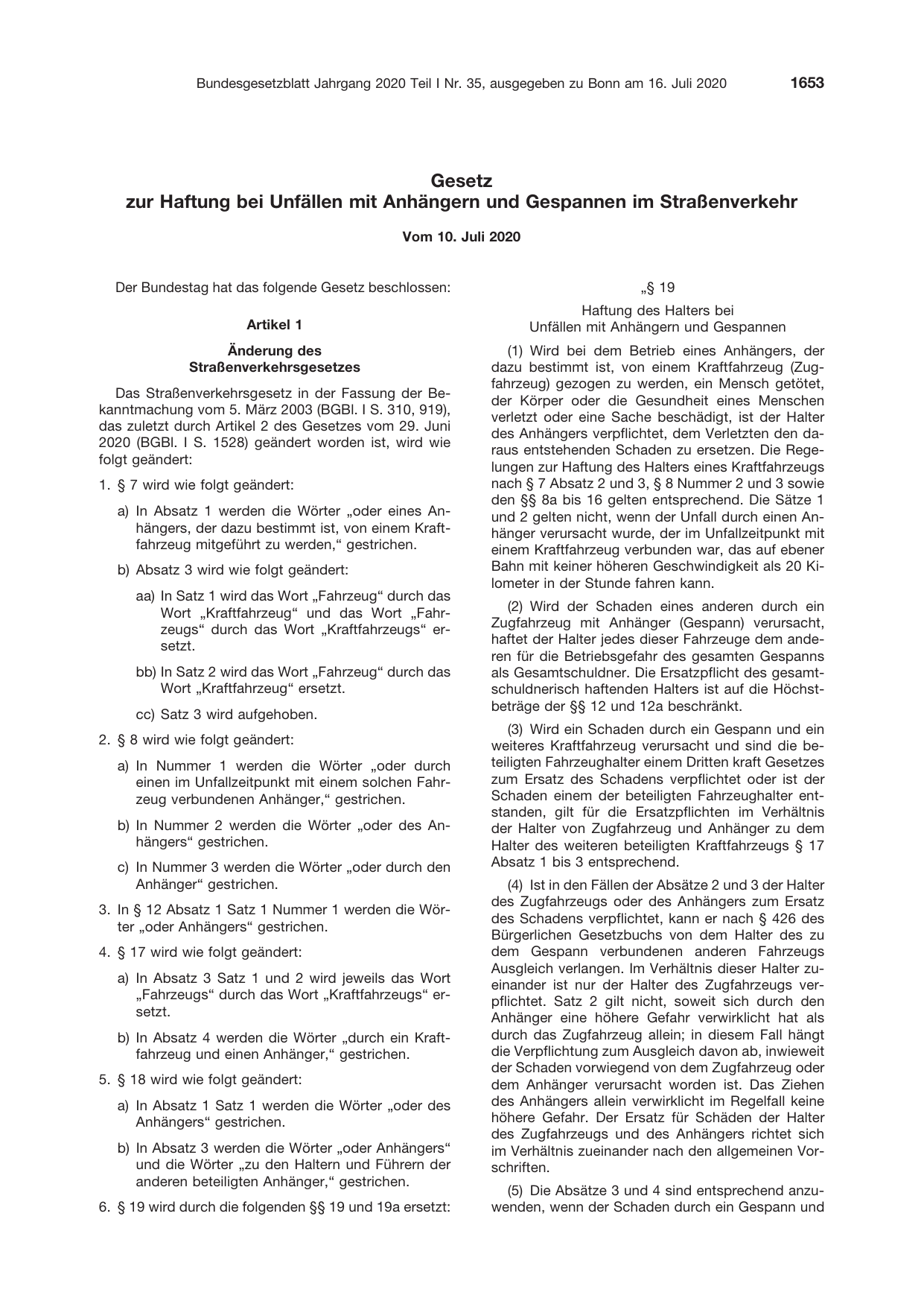 BGBl. 2020, Seite 1653 — Originalseite als Abbildung