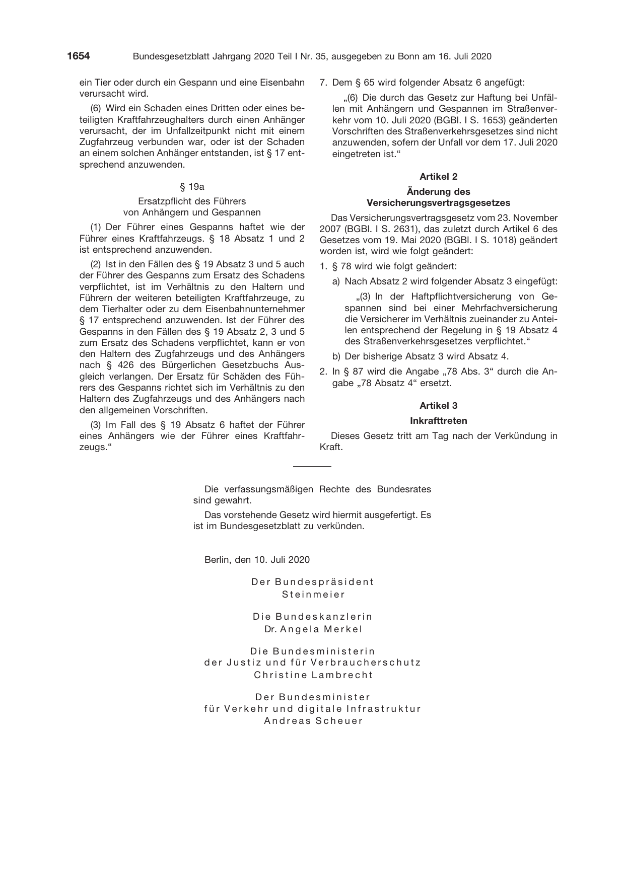 BGBl. 2020, Seite 1654 — Originalseite als Abbildung