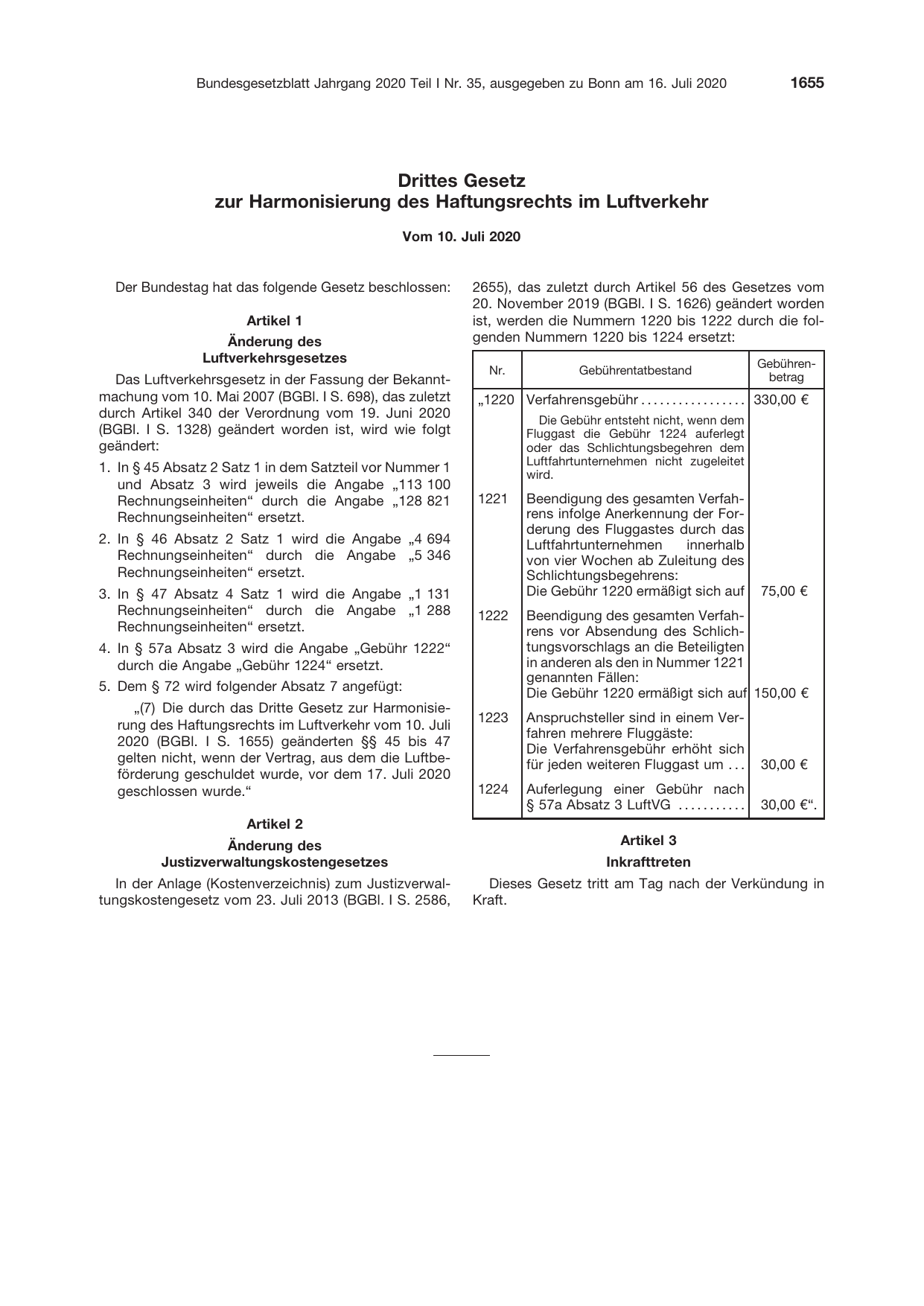 BGBl. 2020, Seite 1655 — Originalseite als Abbildung