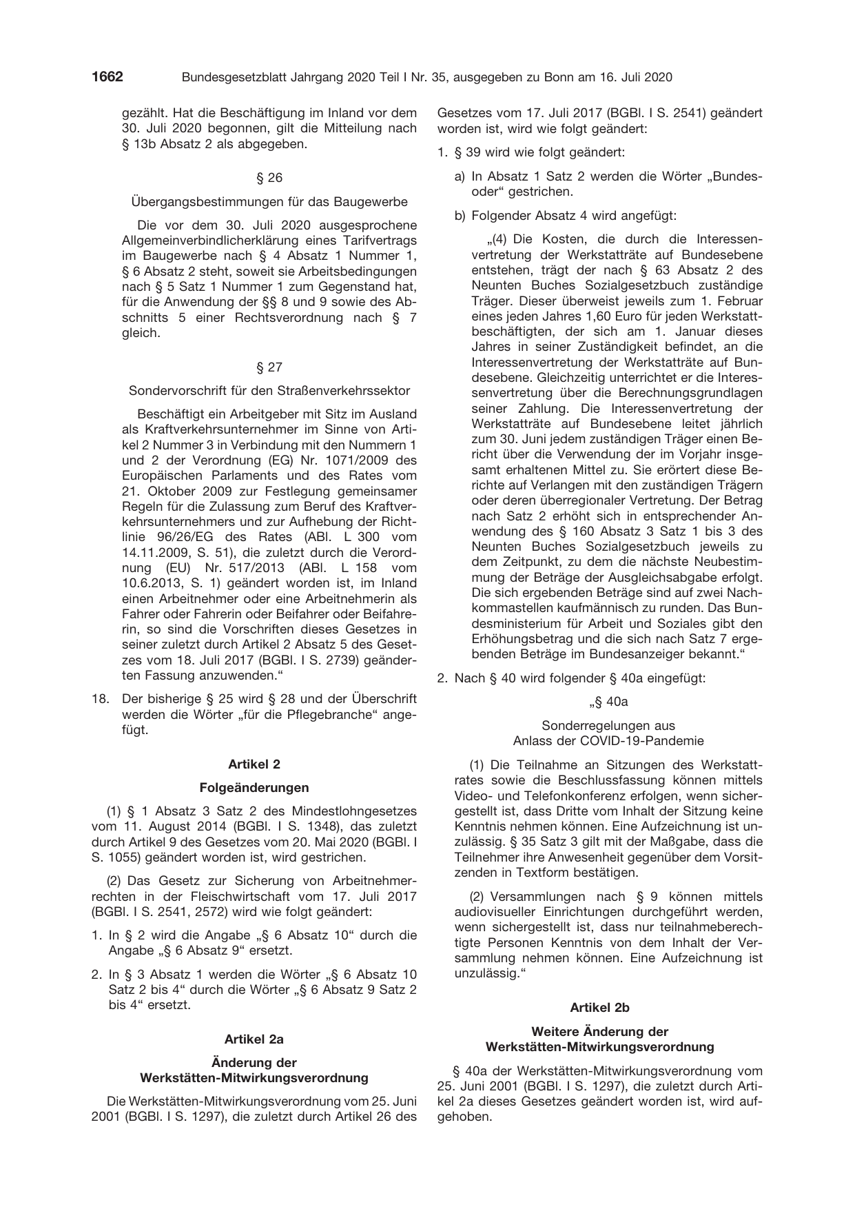 BGBl. 2020, Seite 1662 — Originalseite als Abbildung