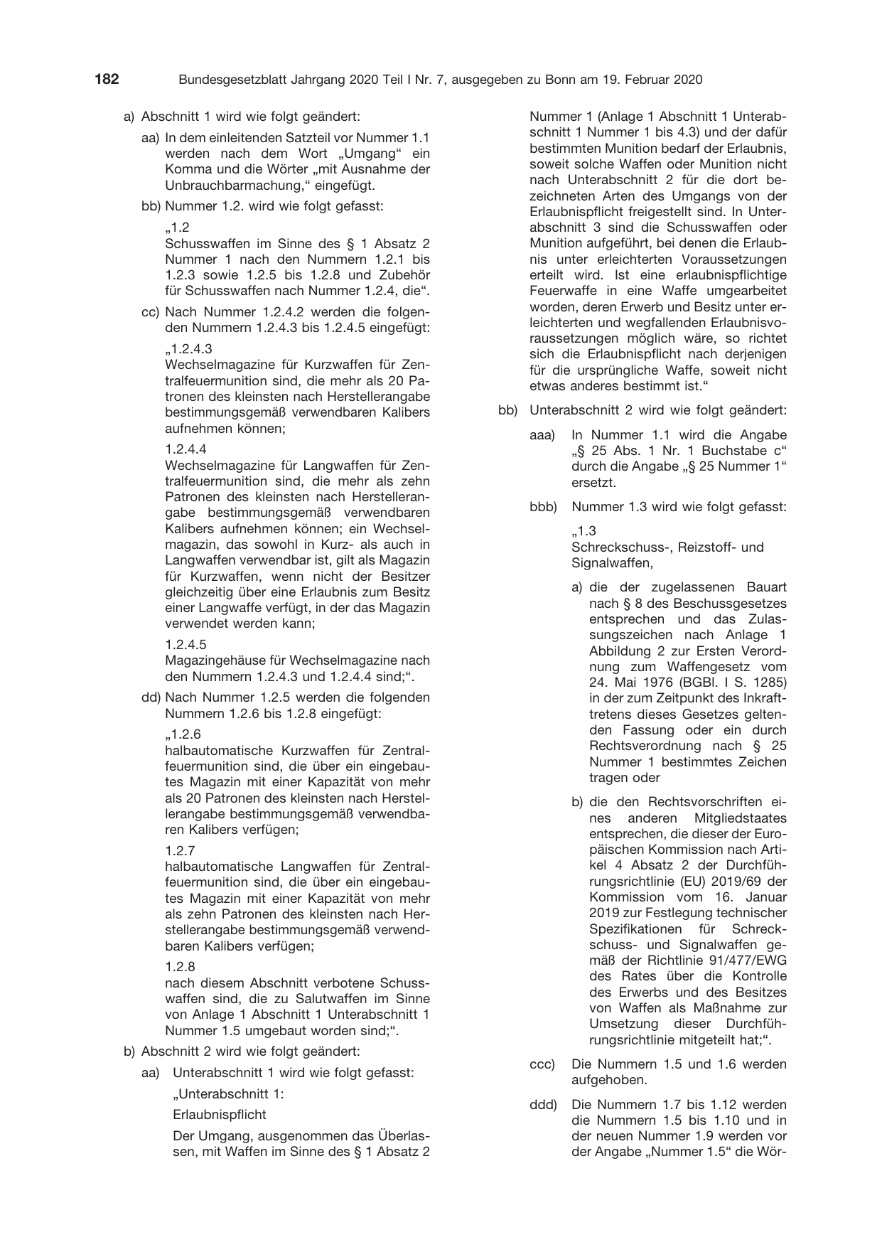 BGBl. 2020, Seite 182 — Originalseite als Abbildung