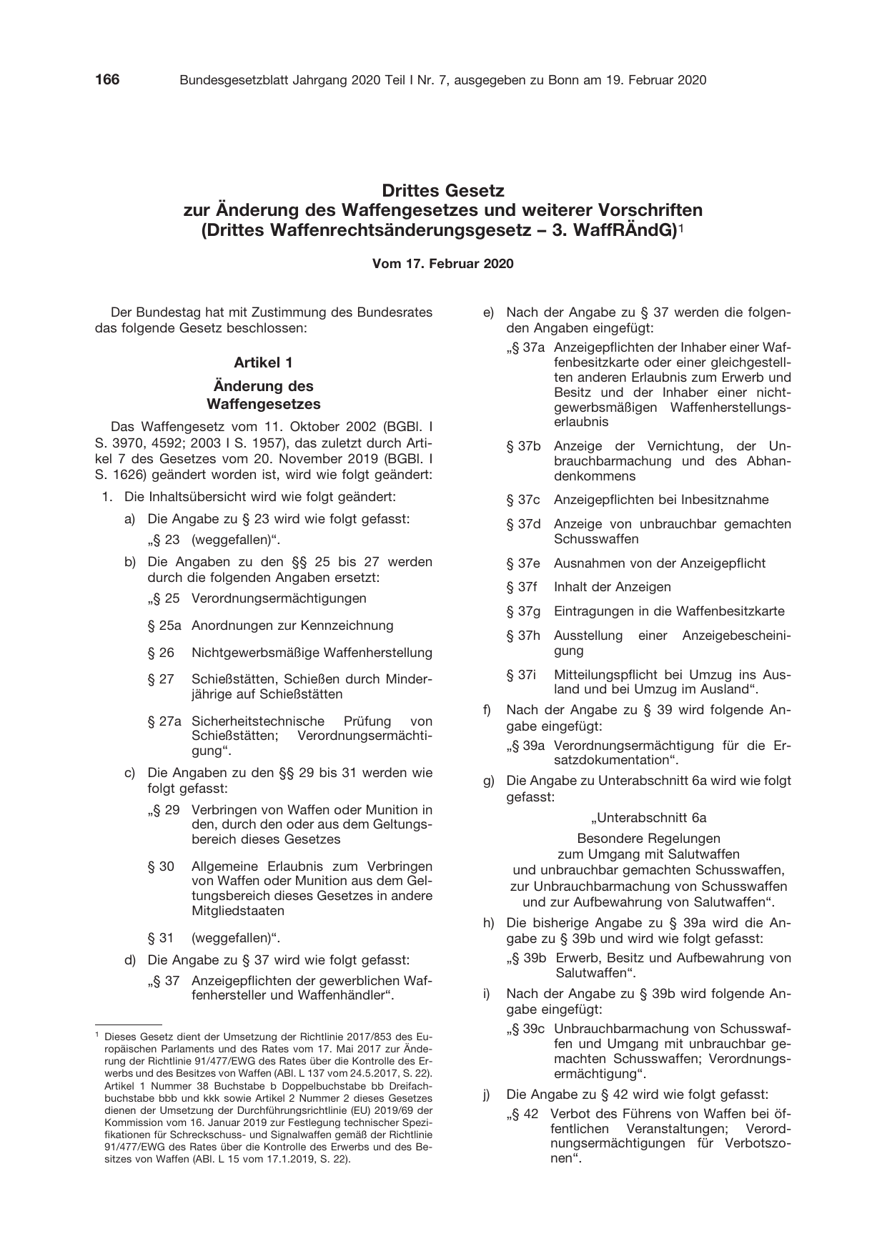 BGBl. 2020, Seite 166 — Originalseite als Abbildung