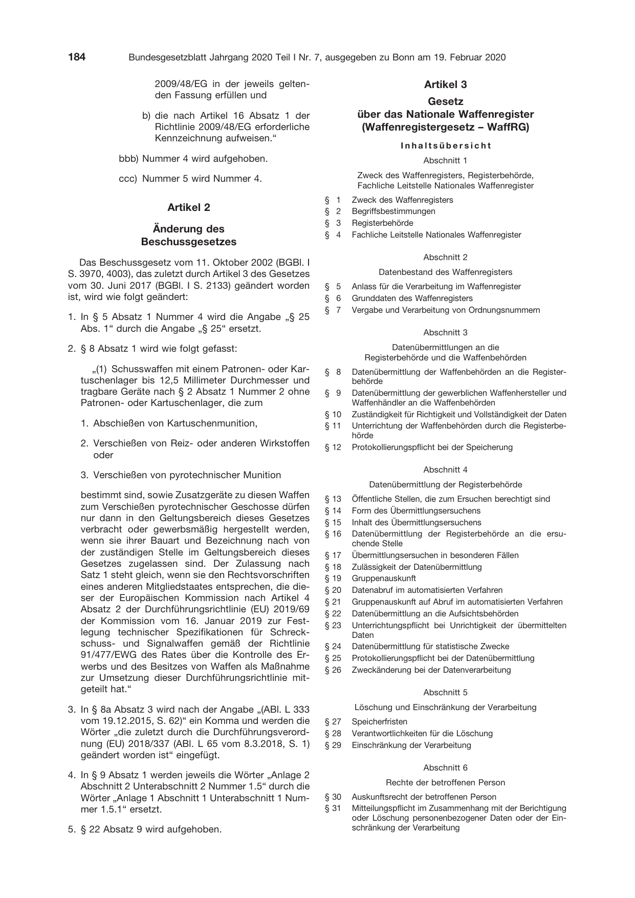 BGBl. 2020, Seite 184 — Originalseite als Abbildung