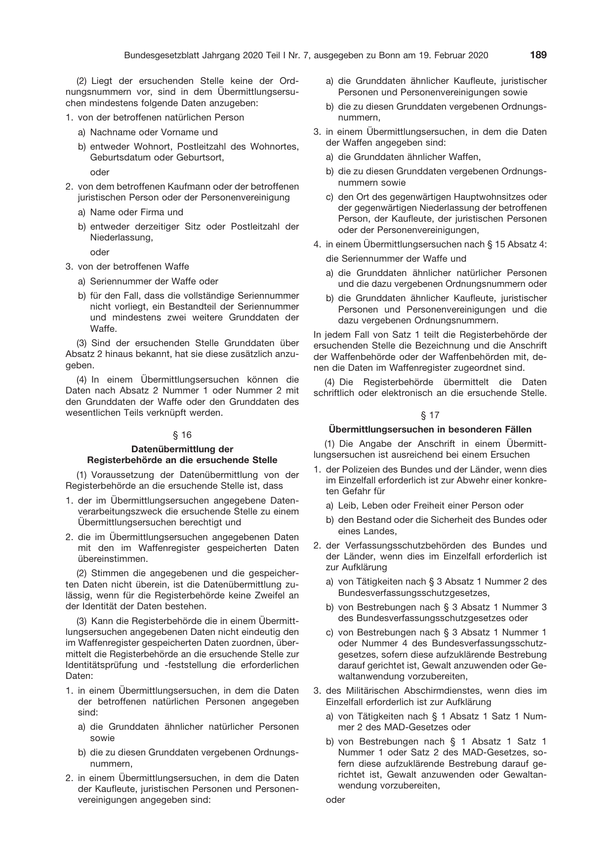 BGBl. 2020, Seite 189 — Originalseite als Abbildung
