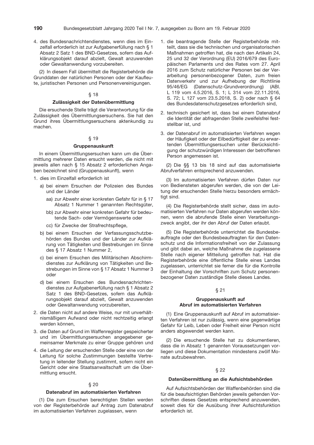 BGBl. 2020, Seite 190 — Originalseite als Abbildung