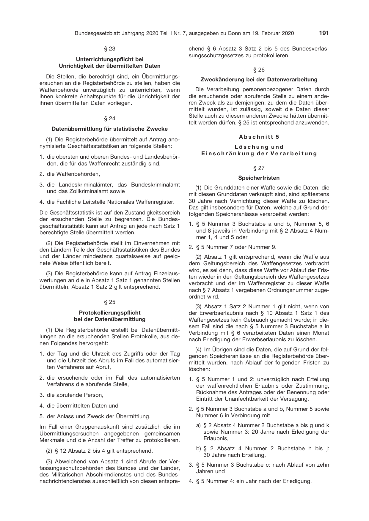 BGBl. 2020, Seite 191 — Originalseite als Abbildung