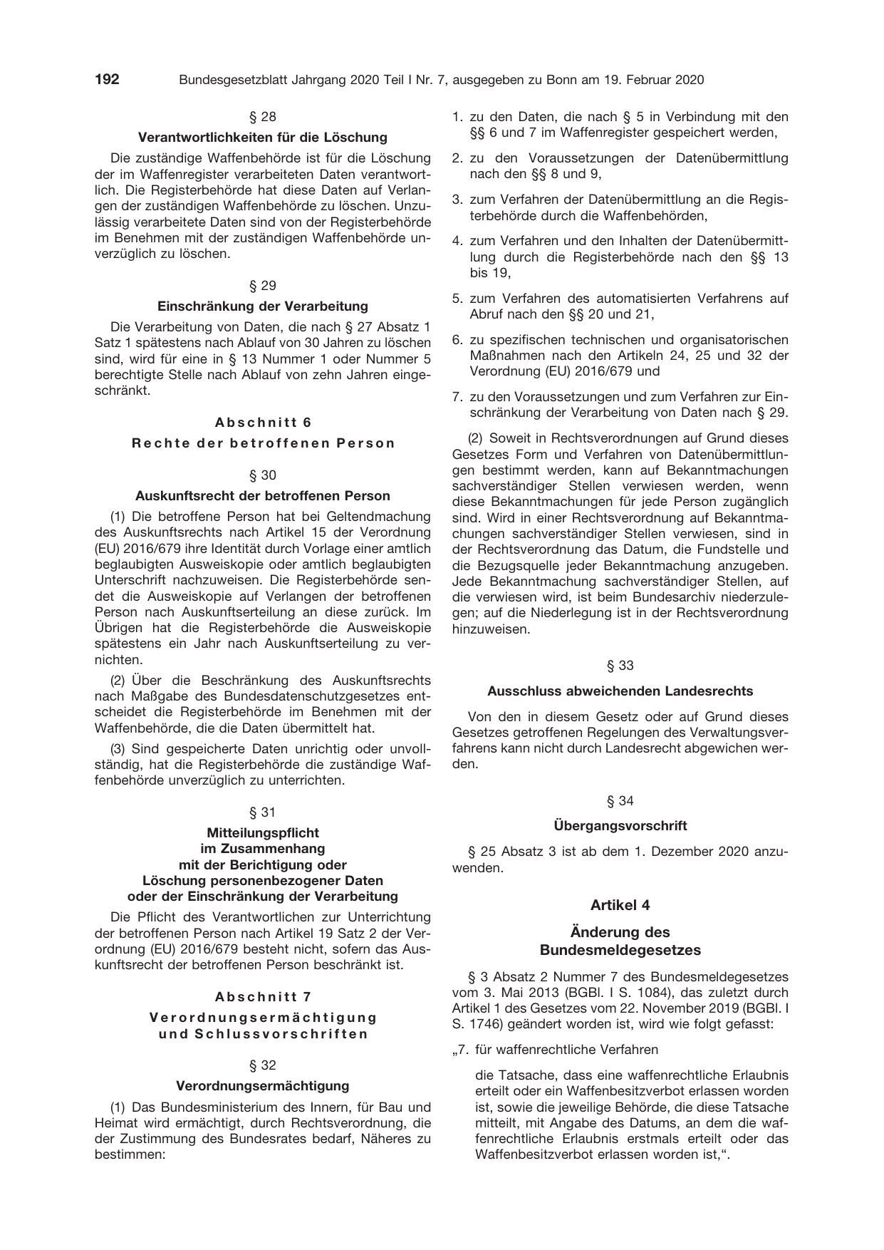 BGBl. 2020, Seite 192 — Originalseite als Abbildung