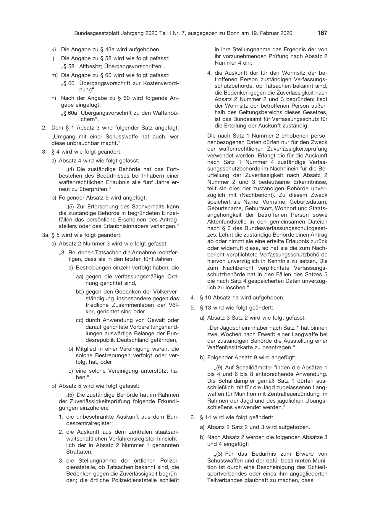 BGBl. 2020, Seite 167 — Originalseite als Abbildung