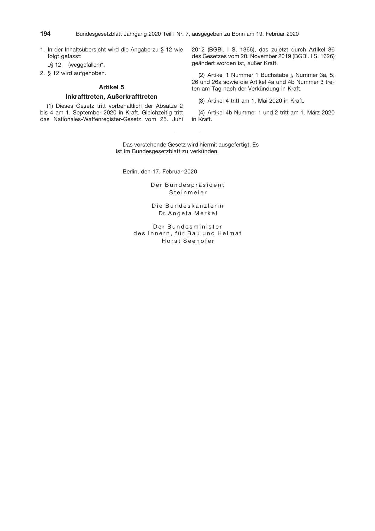 BGBl. 2020, Seite 194 — Originalseite als Abbildung
