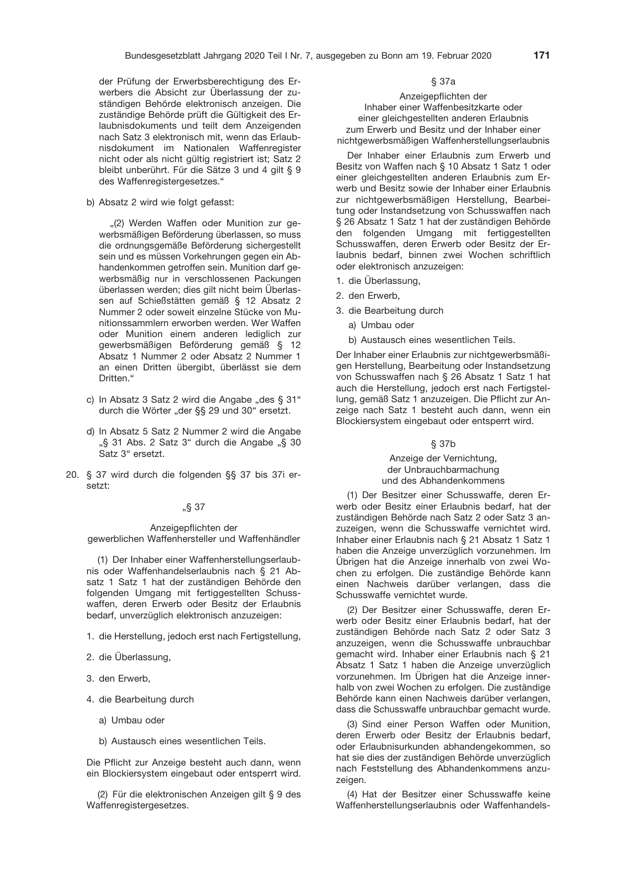 BGBl. 2020, Seite 171 — Originalseite als Abbildung