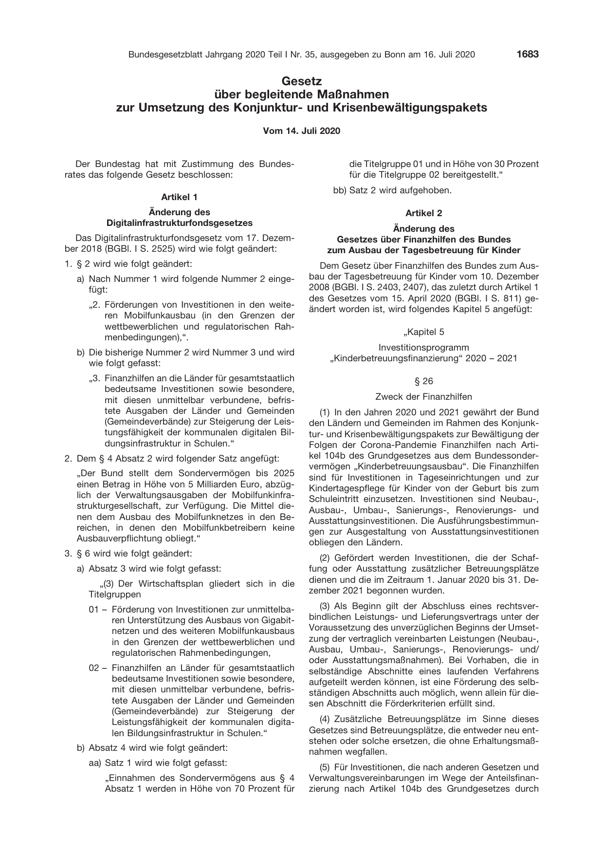 BGBl. 2020, Seite 1683 — Originalseite als Abbildung
