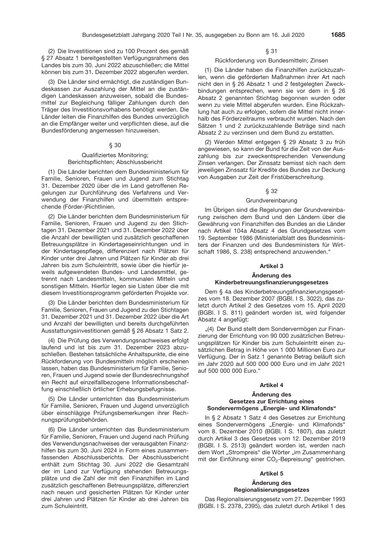 BGBl. 2020, Seite 1685 — Originalseite als Abbildung