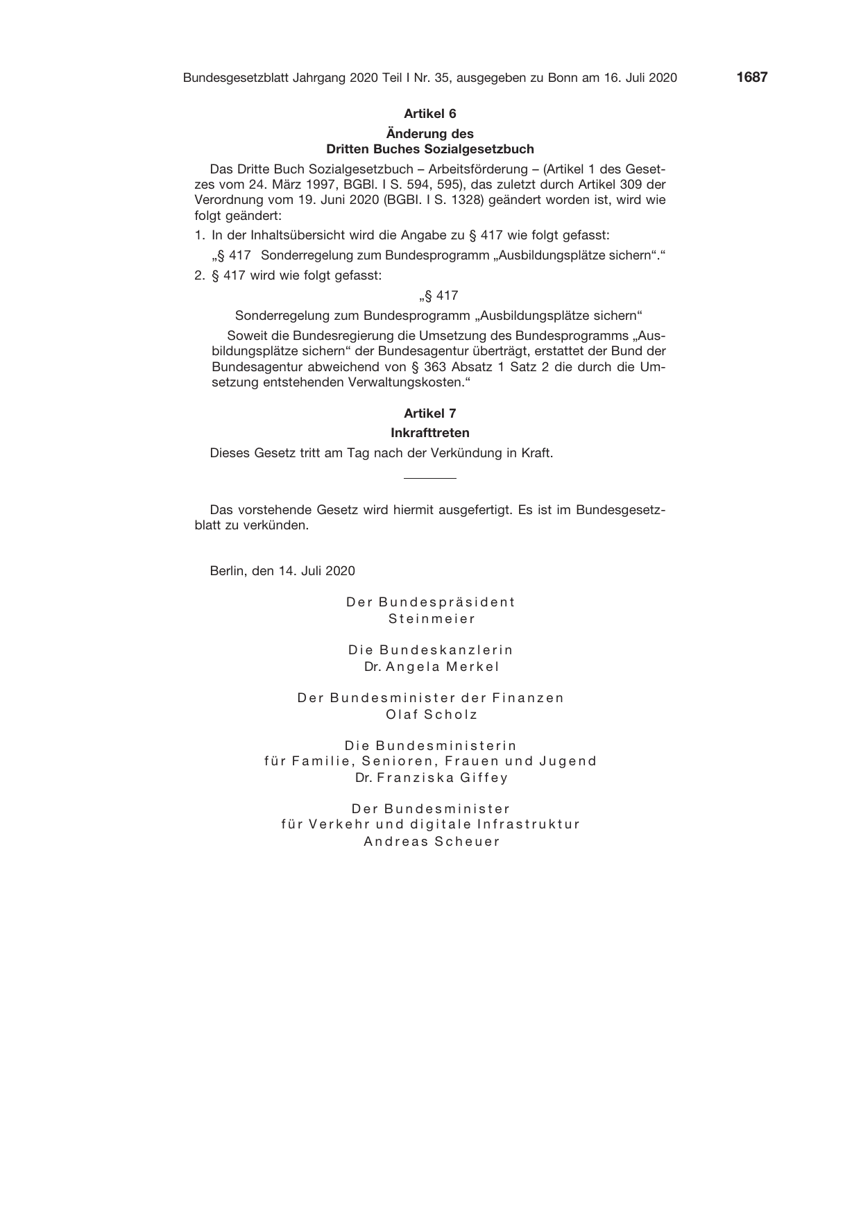 BGBl. 2020, Seite 1687 — Originalseite als Abbildung