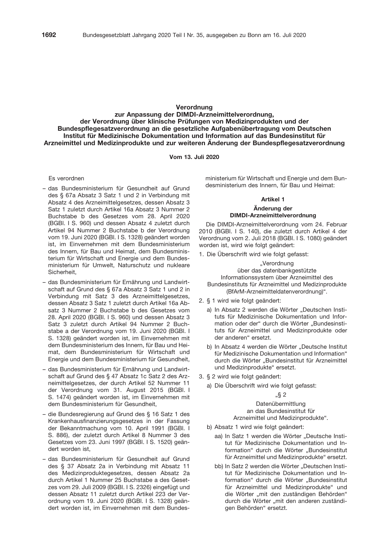 BGBl. 2020, Seite 1692 — Originalseite als Abbildung