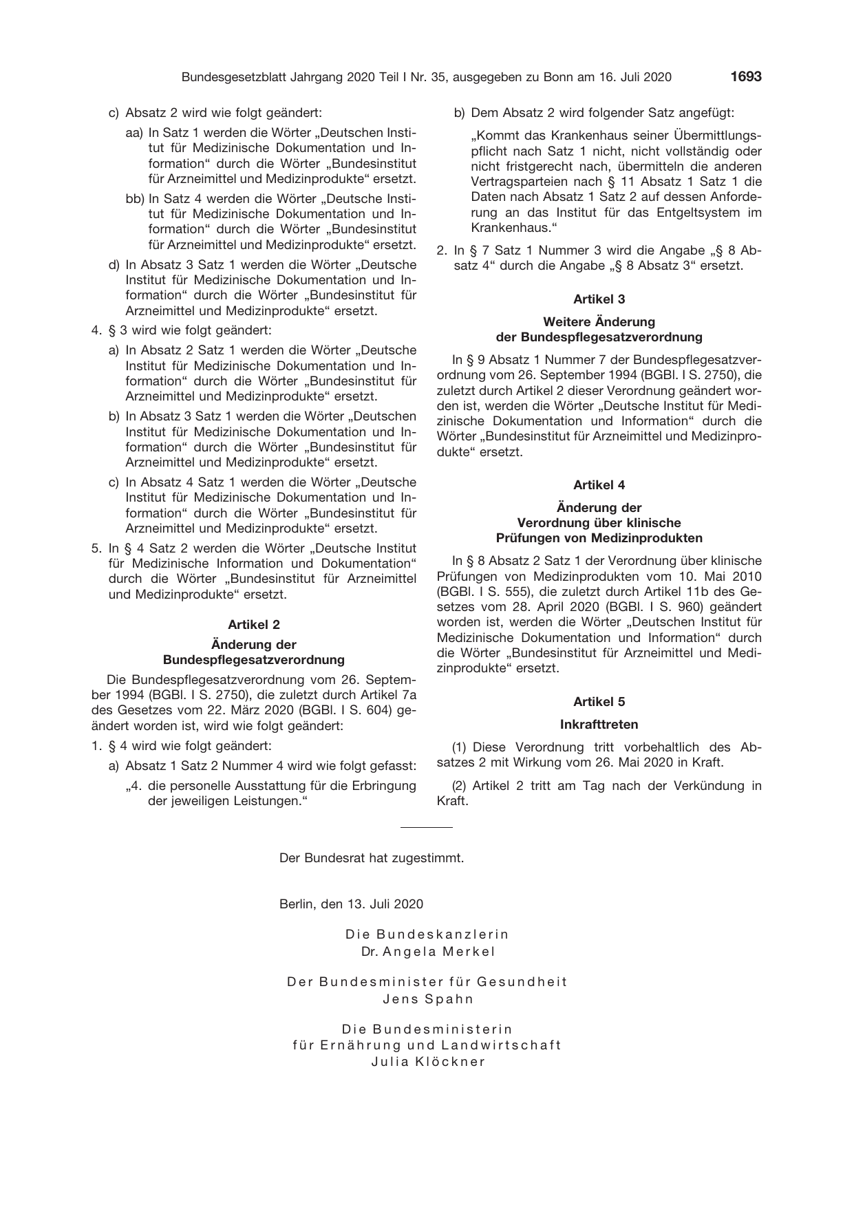 BGBl. 2020, Seite 1693 — Originalseite als Abbildung