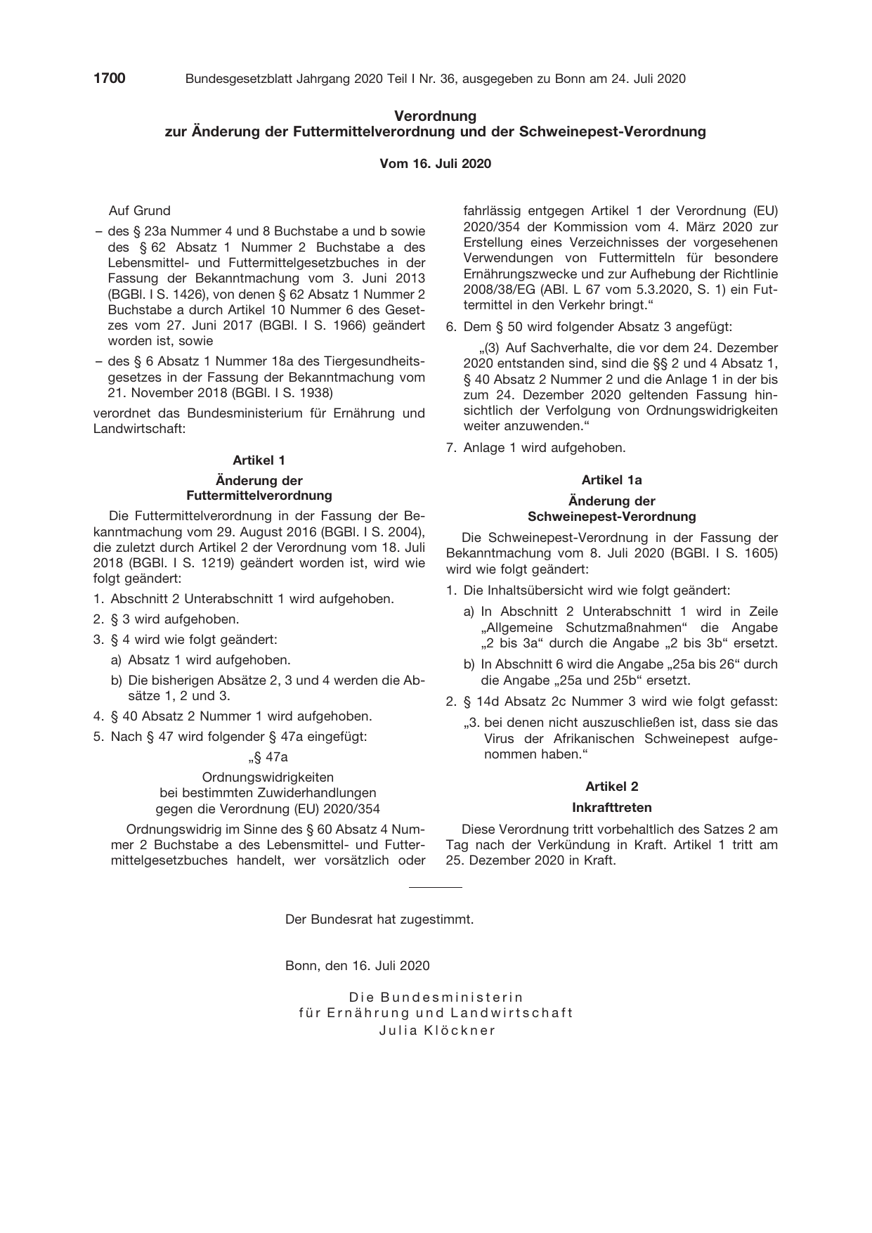 BGBl. 2020, Seite 1700 — Originalseite als Abbildung