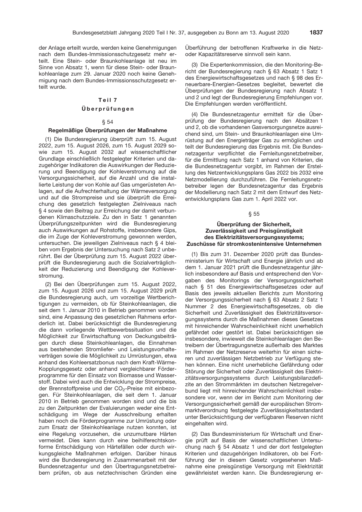BGBl. 2020, Seite 1837 — Originalseite als Abbildung
