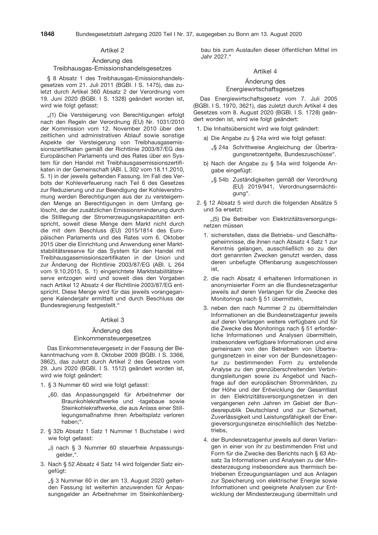 BGBl. 2020, Seite 1848 — Originalseite als Abbildung
