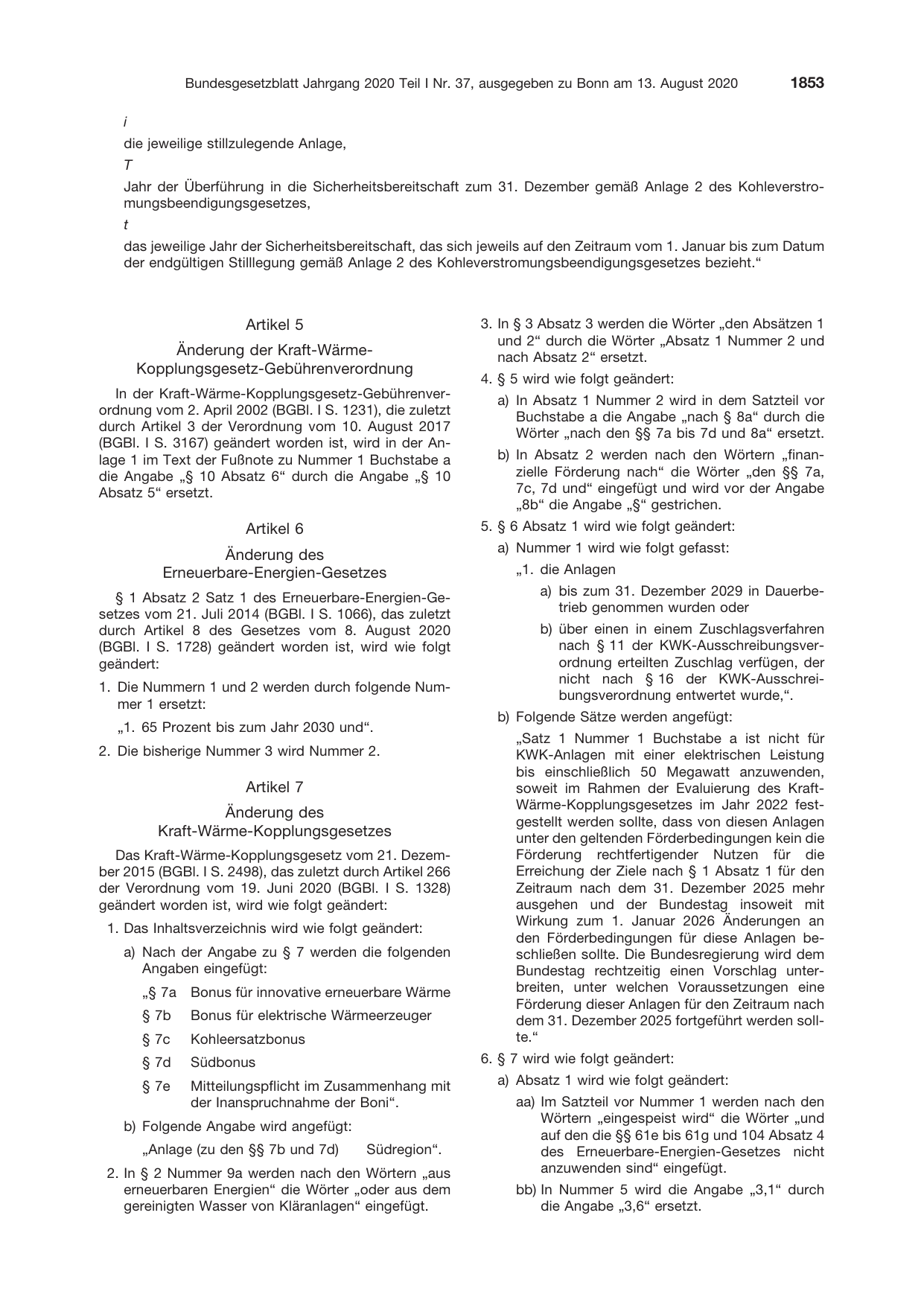 BGBl. 2020, Seite 1853 — Originalseite als Abbildung
