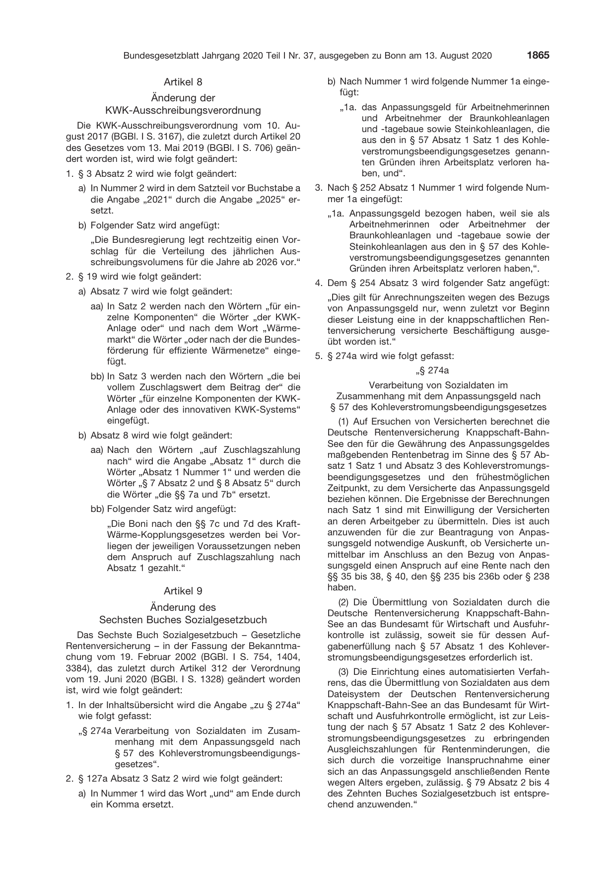 BGBl. 2020, Seite 1865 — Originalseite als Abbildung